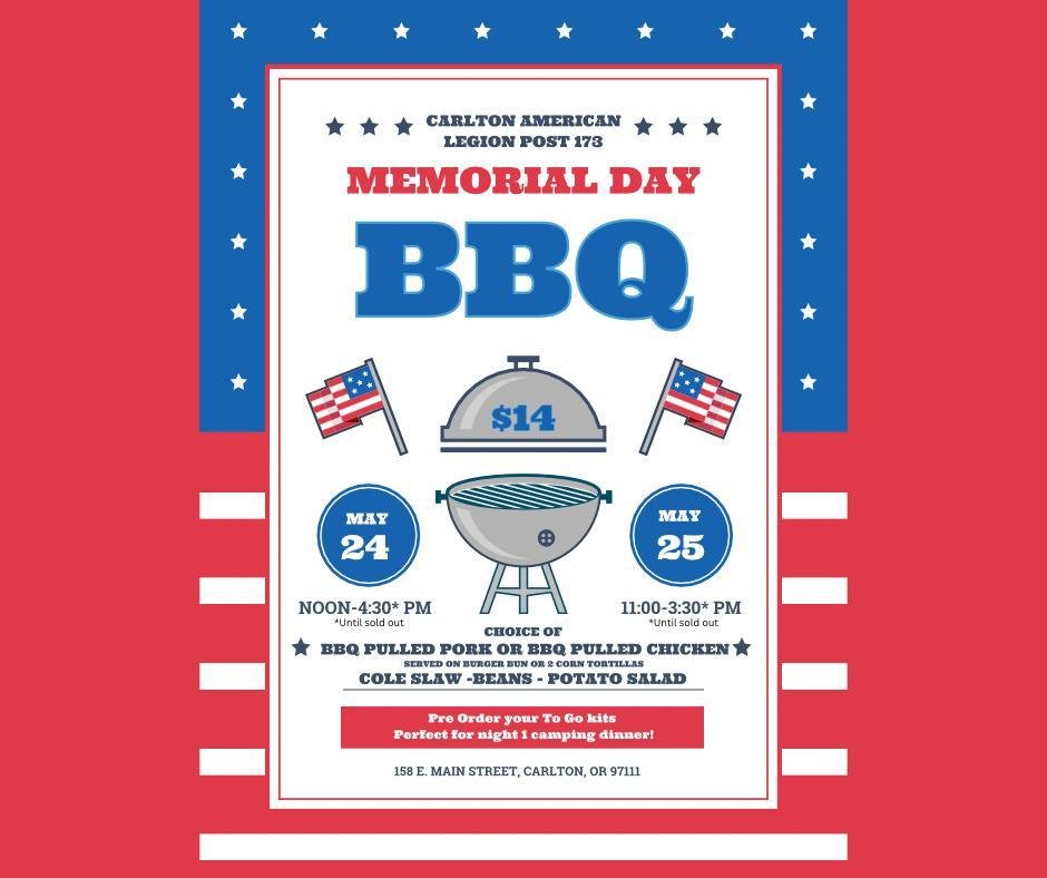 Who loves bbq?! 🔥 Don't miss the Carlton Legion Post's annual Memorial Day BBQ! May 24th from noon to 4:30 pm and May 25th from 11:00 am to 3:30 pm. Stop by for some BBQ pulled pork or BBQ pulled chicken served with coleslaw, beans, and potato salad