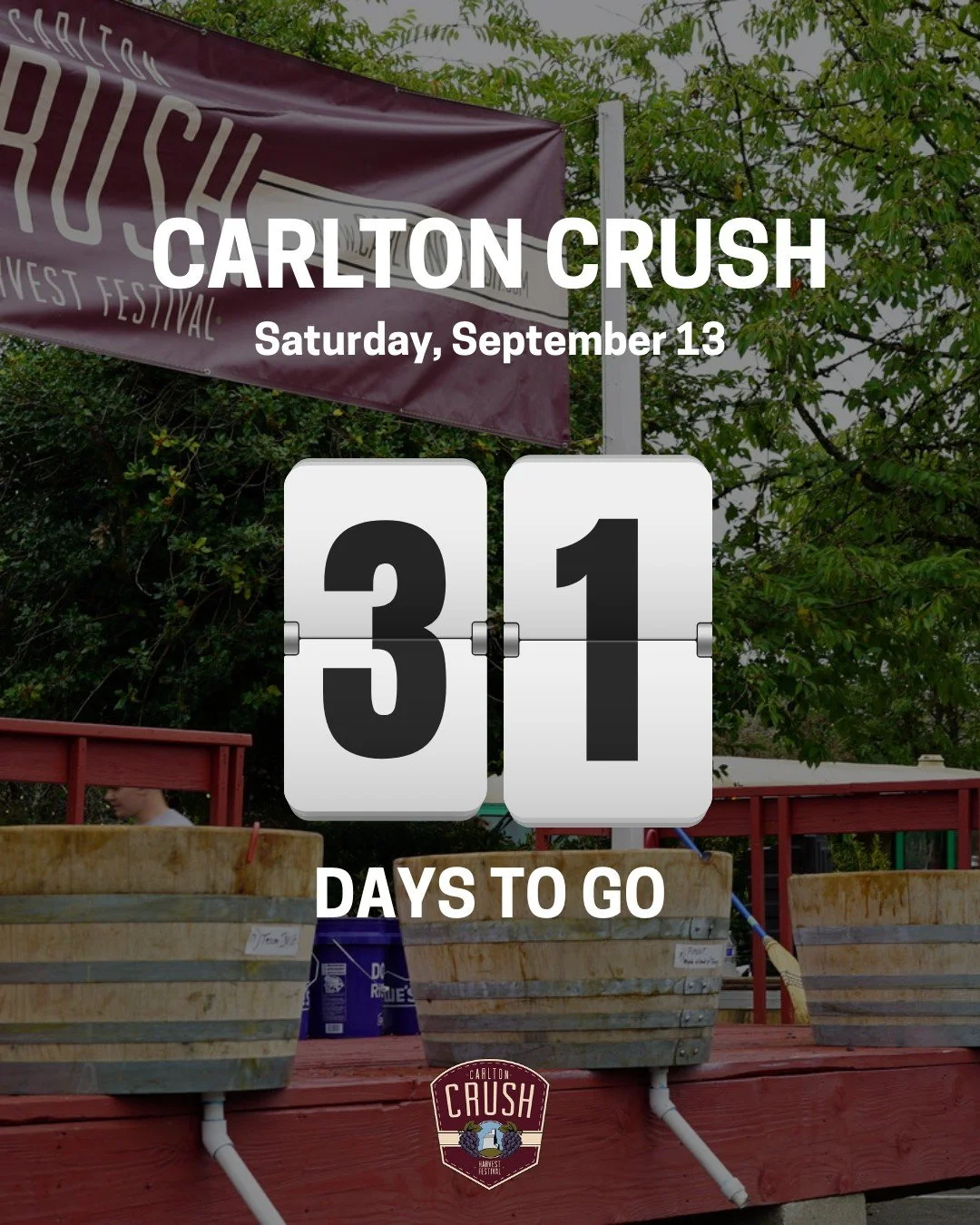 Only ONE MONTH until Carlton Crush! 🍇

We&rsquo;re looking for Stomp Teams and Volunteers to join us! Everyone who signs up gets a free event t-shirt, but if you&rsquo;d like yours in the right size, be sure to register by this Sunday, 8/17 (otherwi