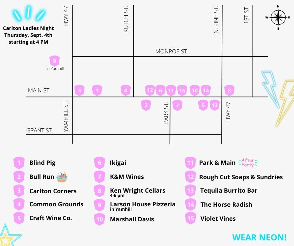 Get your neon ready and join us tomorrow for Carlton Ladies Night! ⚡ Businesses around town will have special offers starting at 4 pm. Stop by any participating business to pick up a passport to start collecting stamps. Drop off your completed passpo
