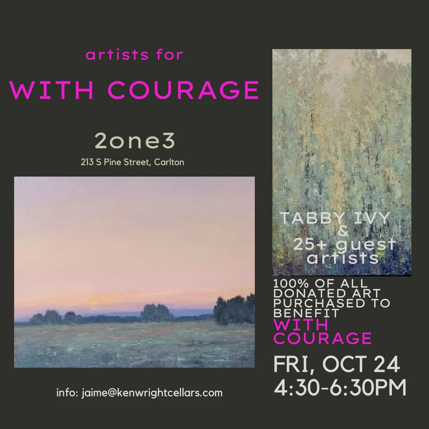 Tabby Ivy and 25+ local artists are coming together at 2ONE3 for a special night that supports @with.courage! Mark your calendars for Friday, October 24th, for an evening of art and giving back. 💕 #carltonbusinessassociation #carltonoregon #visitcar