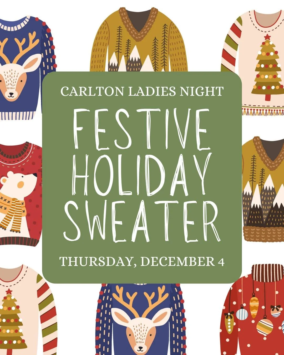 We are a couple of weeks out from our last Ladies Night of 2025! 🎁🎄❄️🥂 All are welcome to join us on Thursday, December 4, starting at 4 pm, for a Holiday Sweater-themed night out in Carlton. Participating businesses will have special offers, maki