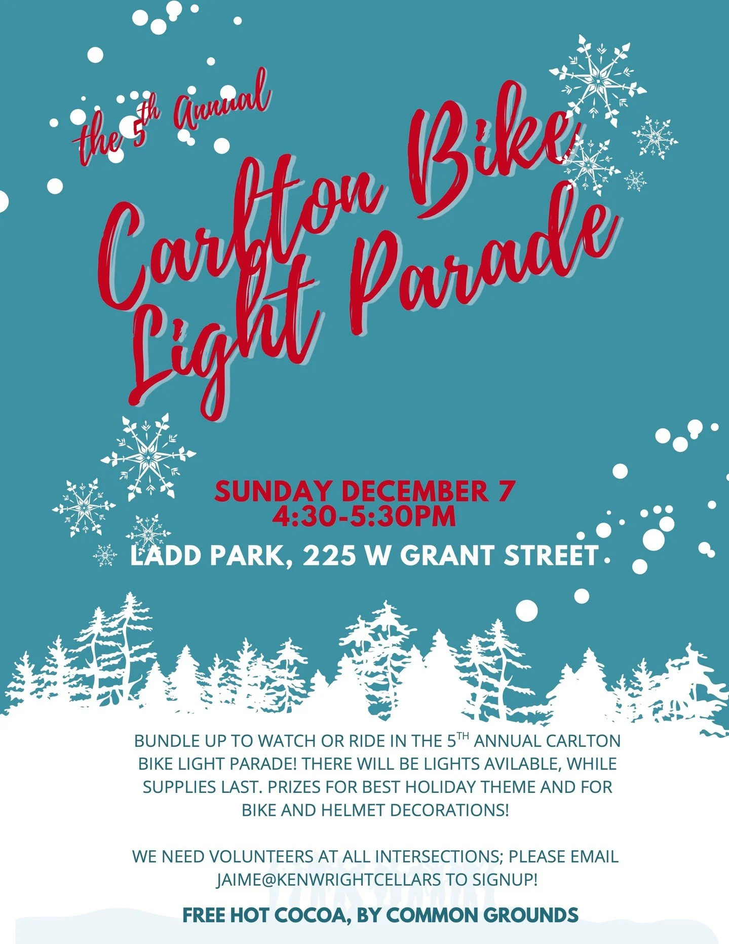 It's the 5th Annual Carlton Bike Light Parade! 🚲✨Whether you want to ride, cheer from the sidelines, or volunteer, everyone&rsquo;s invited. Plus, there will be free hot cocoa from Common Grounds! See you there! #carltonoregon #carltonbusinessassoci