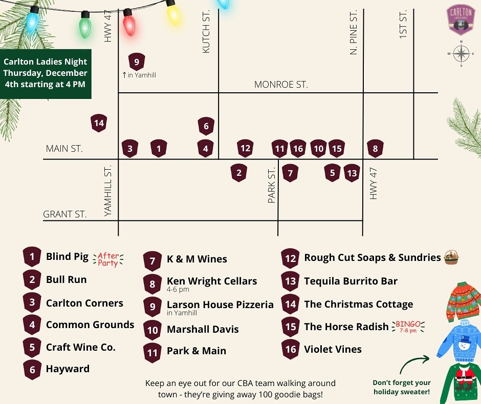 UPDATED MAP: Grab your festive holiday sweaters and join us in downtown Carlton next Thursday, starting at 4 pm! Grab a passport from any participating business and make your way through town, shopping, sipping, and supporting local. 🎁

@roughcutsoa