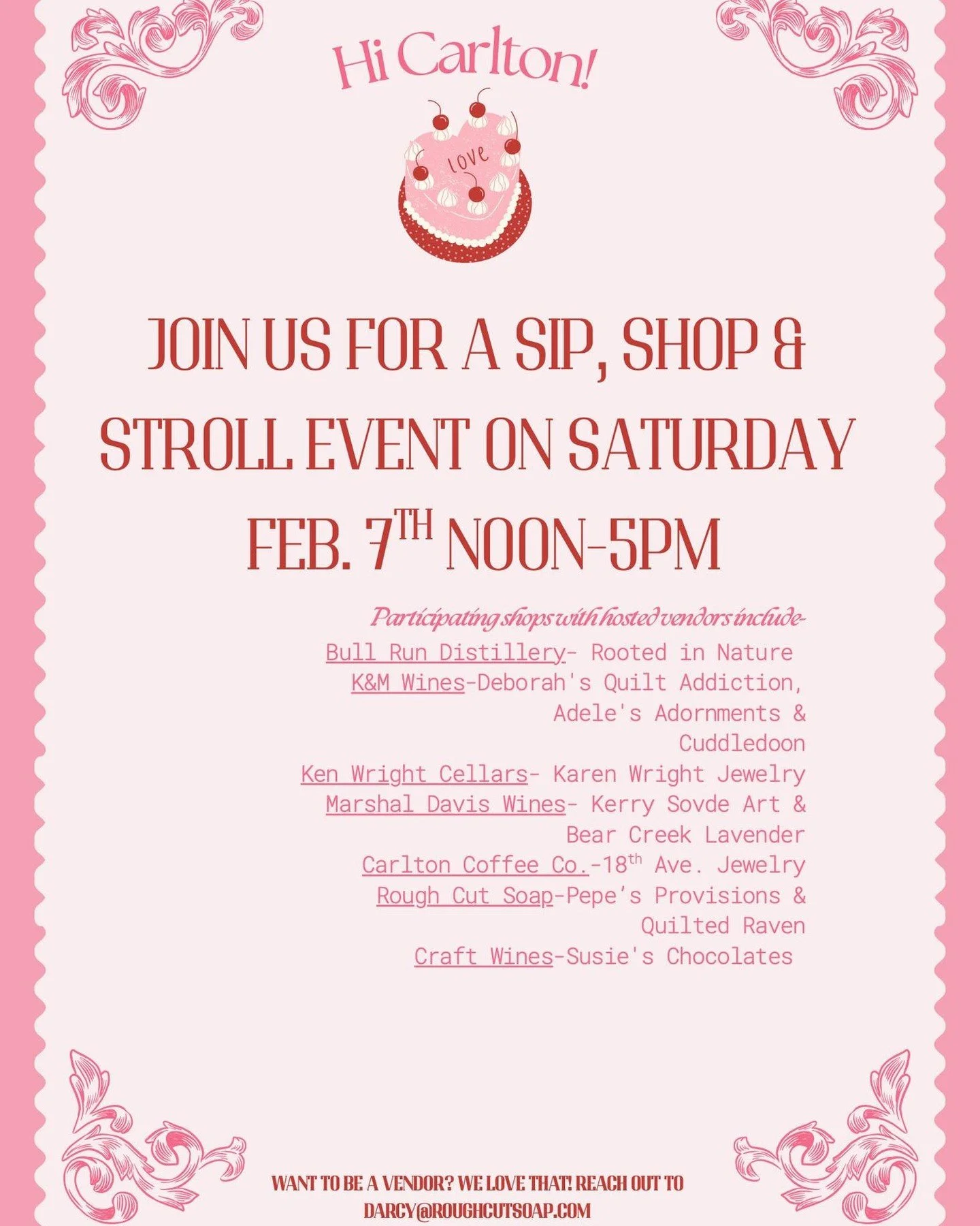 This Saturday, many of our downtown businesses will host vendors for a special pre-Valentine's Day shopping event!  Shop for your loved ones, friends, and be sure to grab a little something for yourself, too. 💕 #carltonoregon #visitcarlton