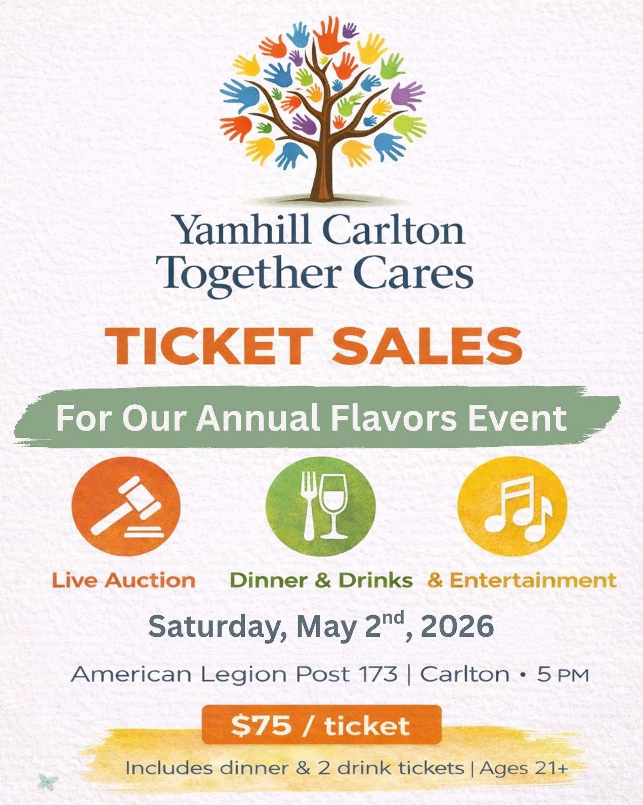 Yamhill Carlton Together Cares is hosting its annual Flavors Dinner on May 2! Dinner, drinks, and a live DJ set the scene for an evening centered around community. The night includes a live auction filled with standout items. Proceeds support local y