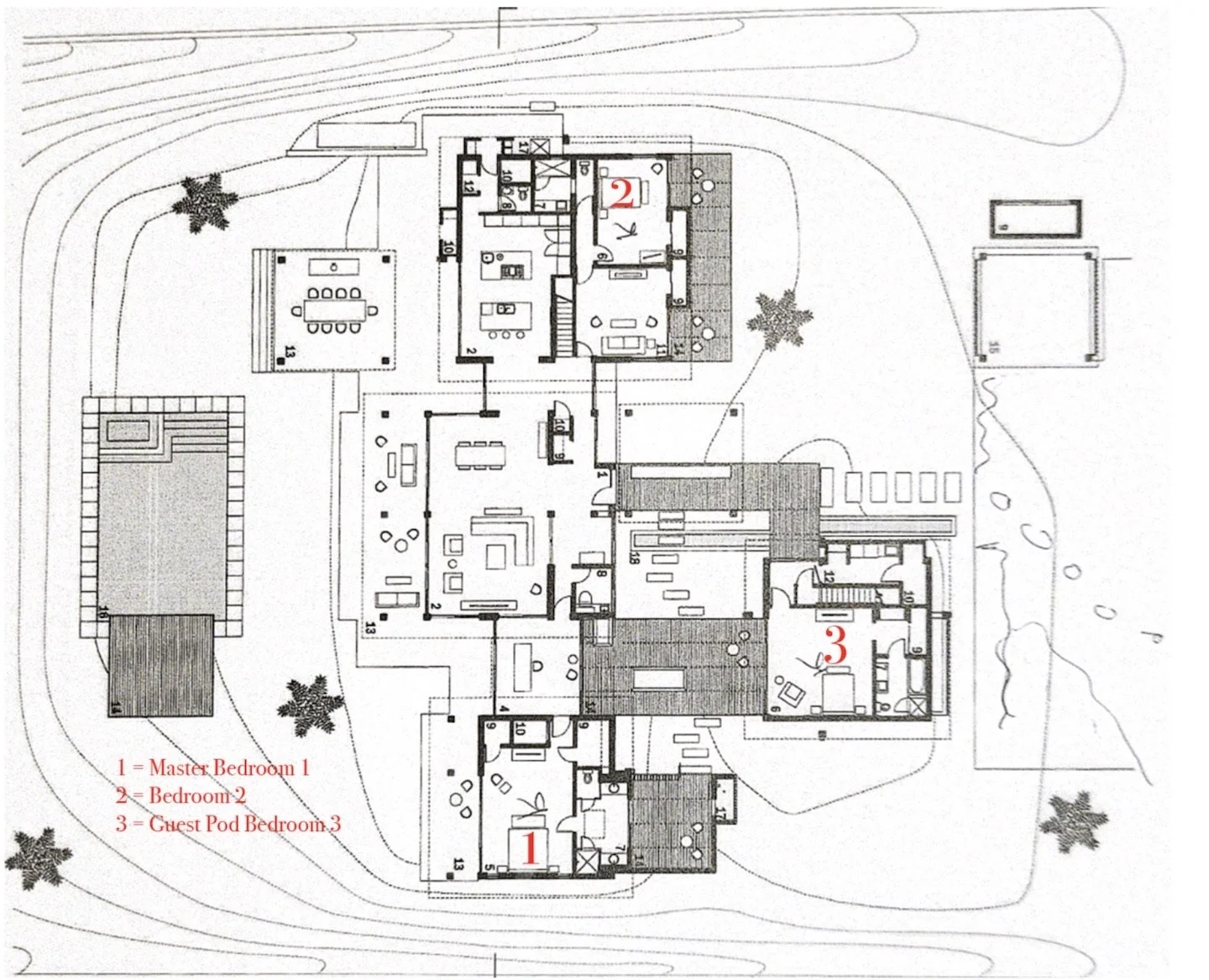 Floor plan of a house with labeled bedrooms, living areas, outdoor spaces, and surrounding landscape. Master bedroom labeled 1, Bedroom 2 labeled 2, Guest Pod Bedroom 3 labeled 3.