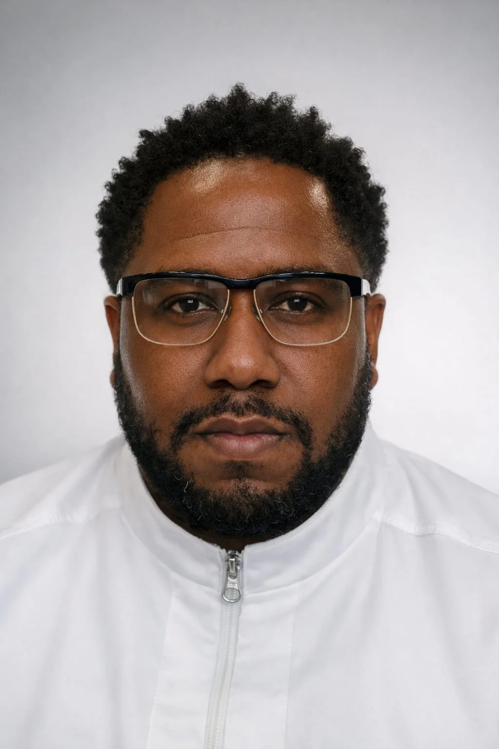 Close-up portrait of a man wearing glasses and a white zip-up jacket, looking directly at the camera against a plain white background.