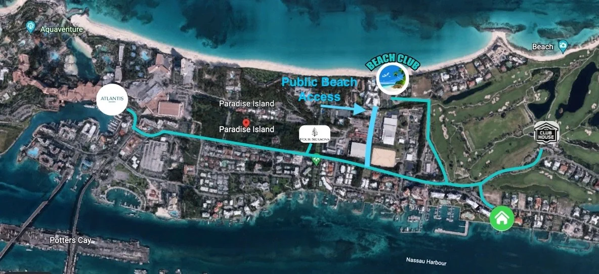 Map showing a route from a house marked with a green icon near Nassau Harbour to a beach and resort area called Atlantis, passing through various landmarks including Paradise Island, Four Seasons, and reaching the public beach access and REACH club.
