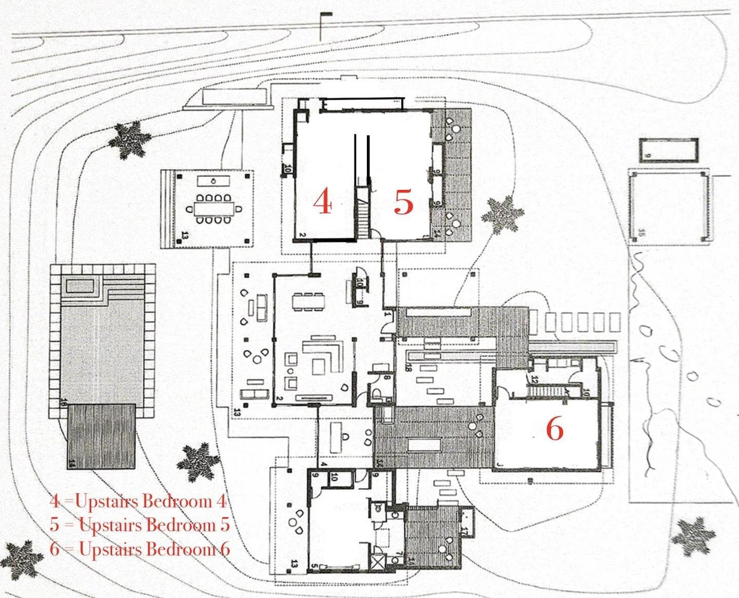 A detailed architectural floor plan of a house with three upstairs bedrooms labeled 4, 5, and 6, and outdoor features such as a pool and patio area.