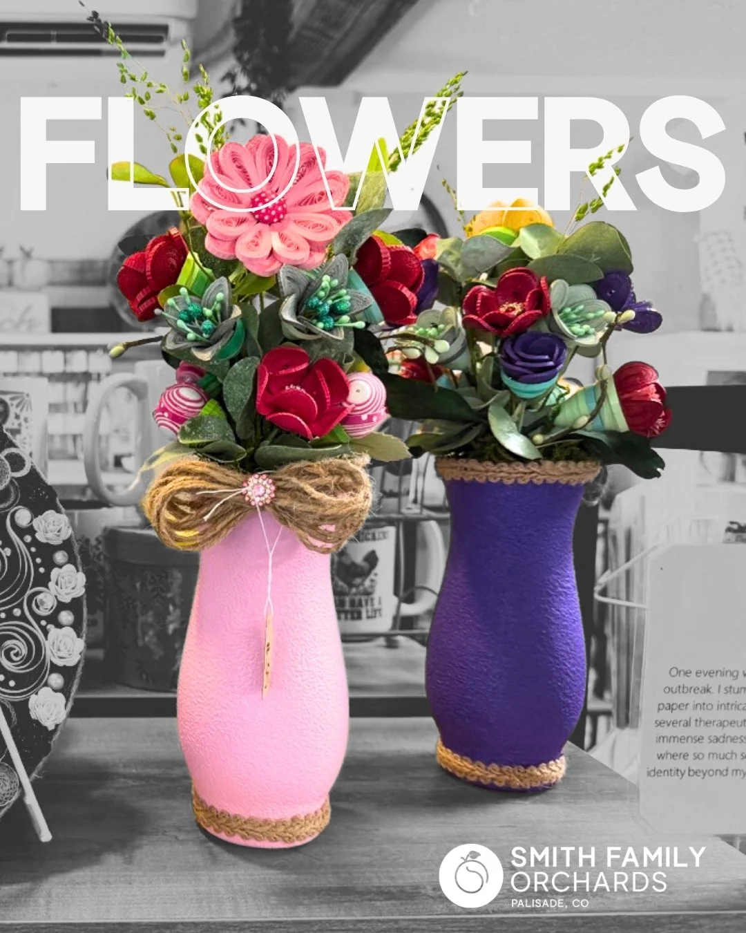 All the beauty of flowers&hellip; none of the wilting.

These handmade arrangements bring a little color and charm into your space and stay that way all year long. No watering, no replacing &mdash; just something pretty to enjoy every day.

They feel