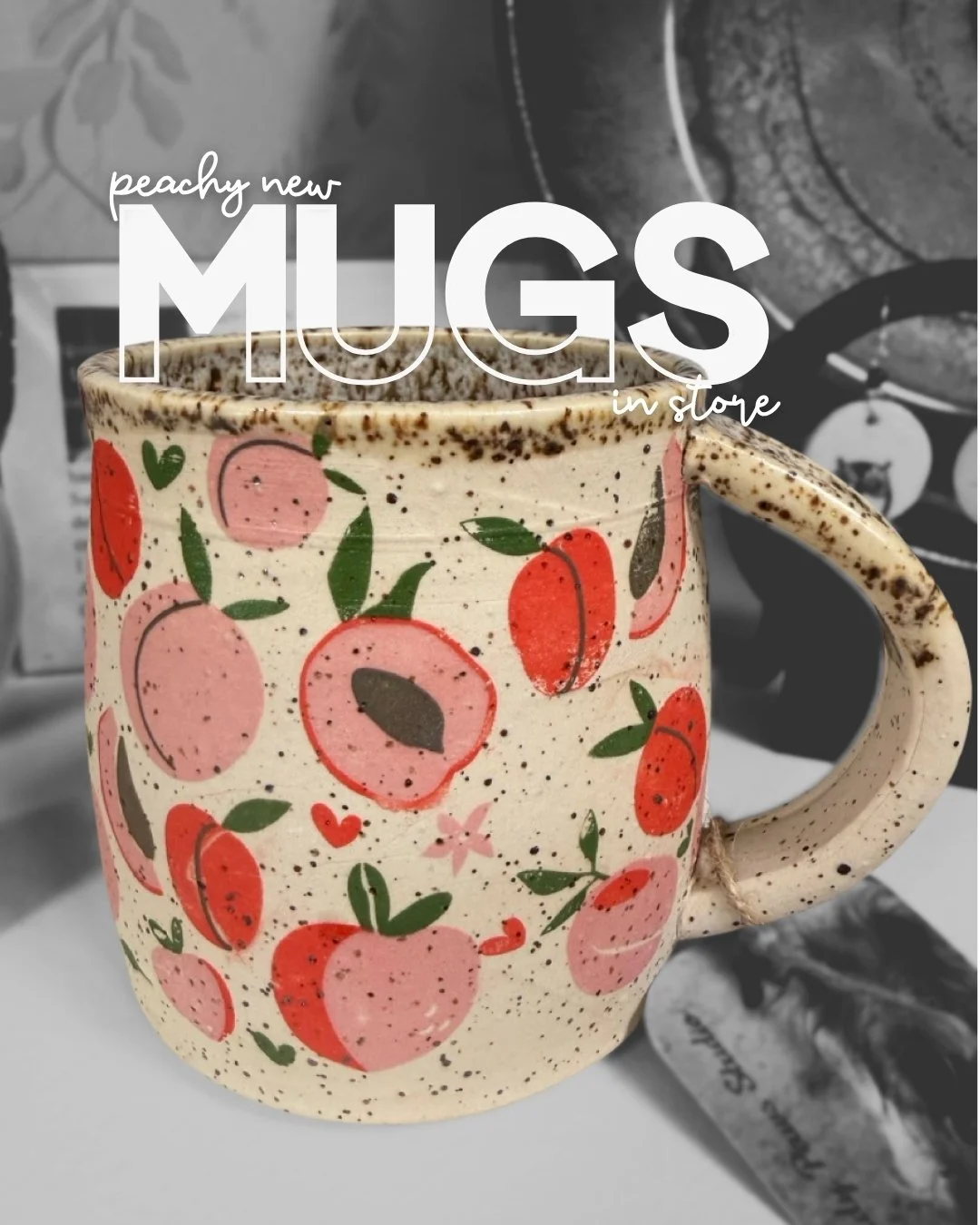 Okay, these are some of the most "us" mugs we have (along with some other peach themed gifts). 🍑

Hand-thrown pottery covered in little peaches, with that speckled glaze and a cozy chunky handle. Every one is a little different since they'
