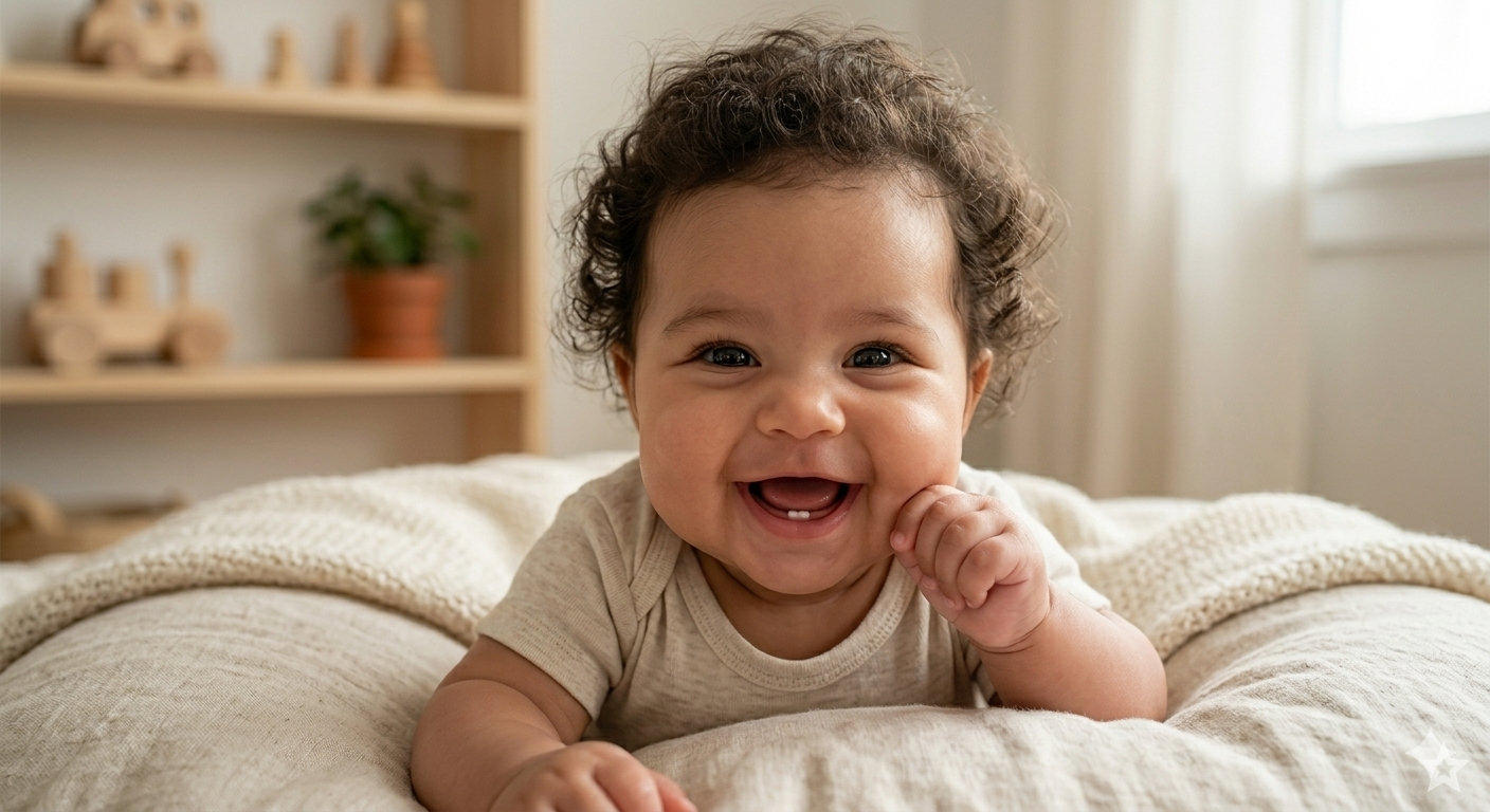 Smiling baby with tongue tie, curly hair lying on a bed, propped up on their elbows, in a cozy room with natural light.