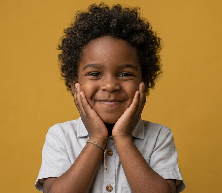 An image of a boy holding his head with his hands smiling.