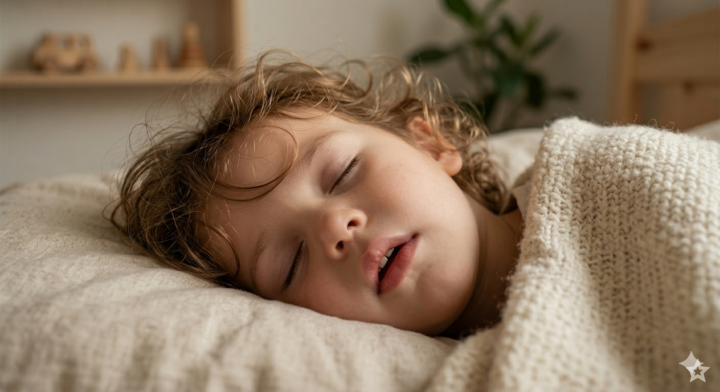 A child is asleep on a pillow with their mouth slightly open.