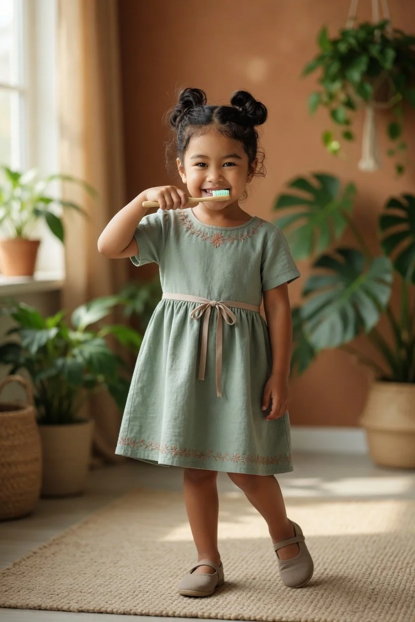 A young girl in a light green dress pretends to brush her teeth.