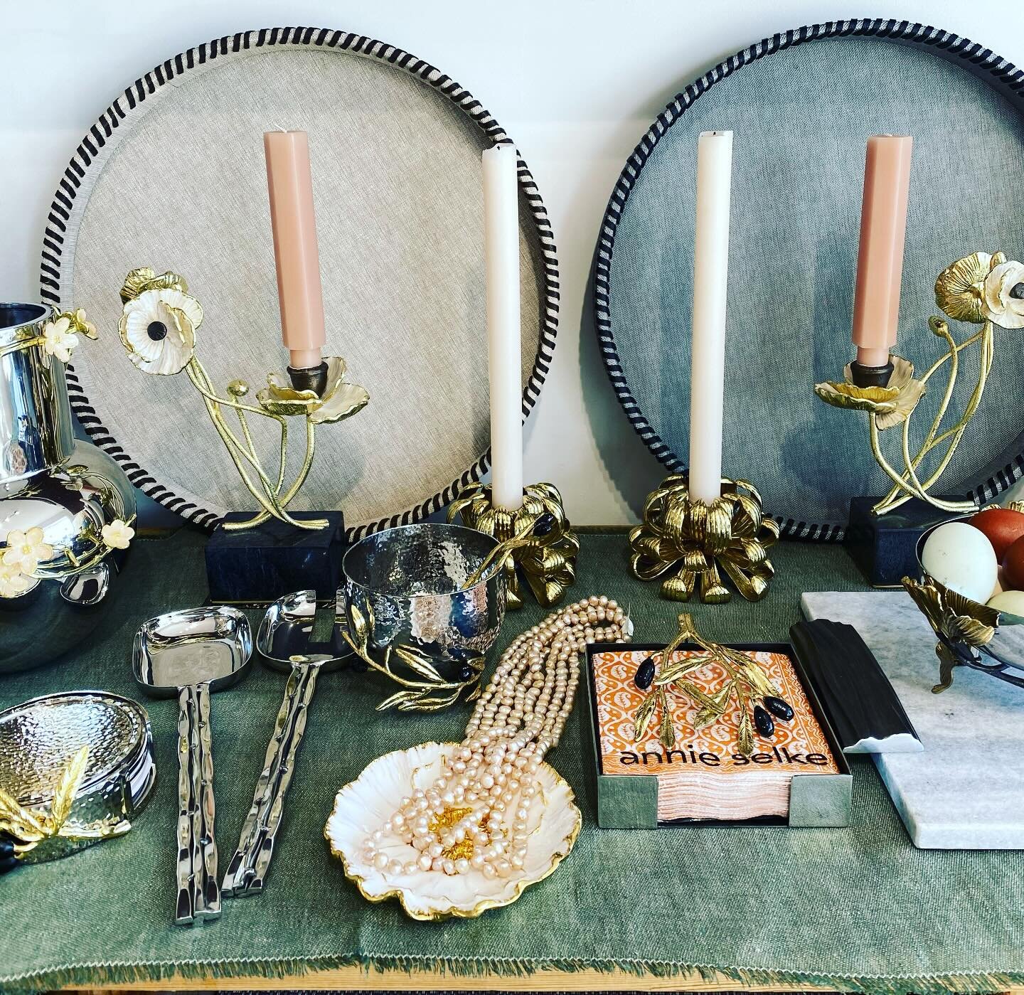Spring is definitely in the air today☀️. We are open 10-5:00 and showcasing this beautiful spring collection from @giadablujewelry and @michaelaram .  Stunning pink pearls, blush cherry petals, anemones and blush candlesticks make the best table sett