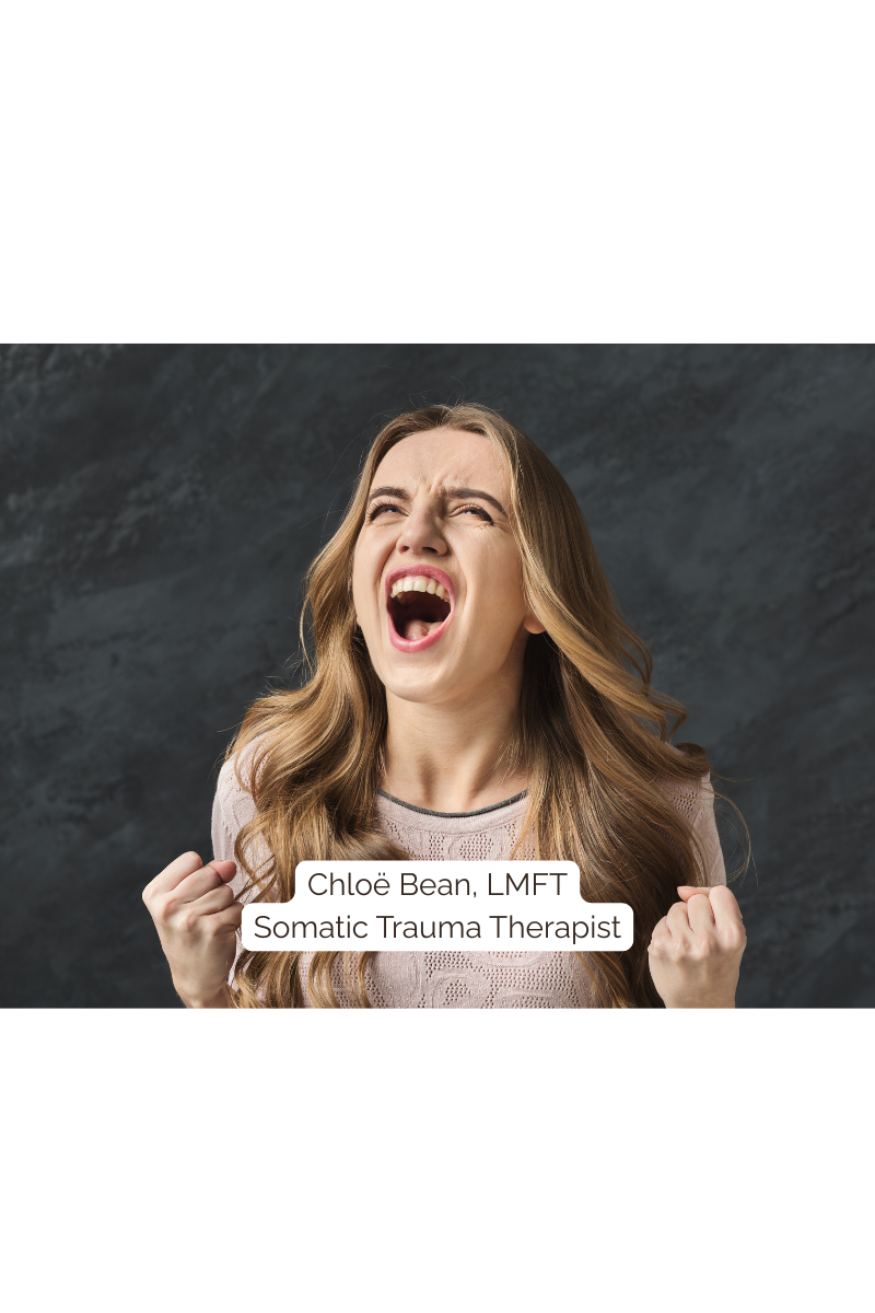 Woman screaming and releasing suppressed anger — somatic healing practice for nervous system regulation, self-blame recovery, and narcissistic relationship healing