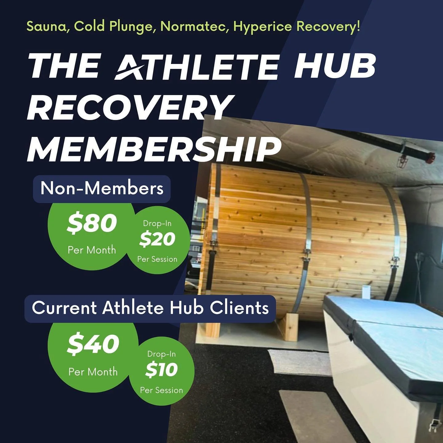 Introducing The Athlete Hub Recovery Lounge!!

Cold Plunge @plunge 
Sauna @sisu_sauna 
Normatec Compression Therapy 
Hyperice Recovery Products @hyperice 

Join before the end of 2023 to lock in these prices! See link in our bio to sign up!! 

DM us 