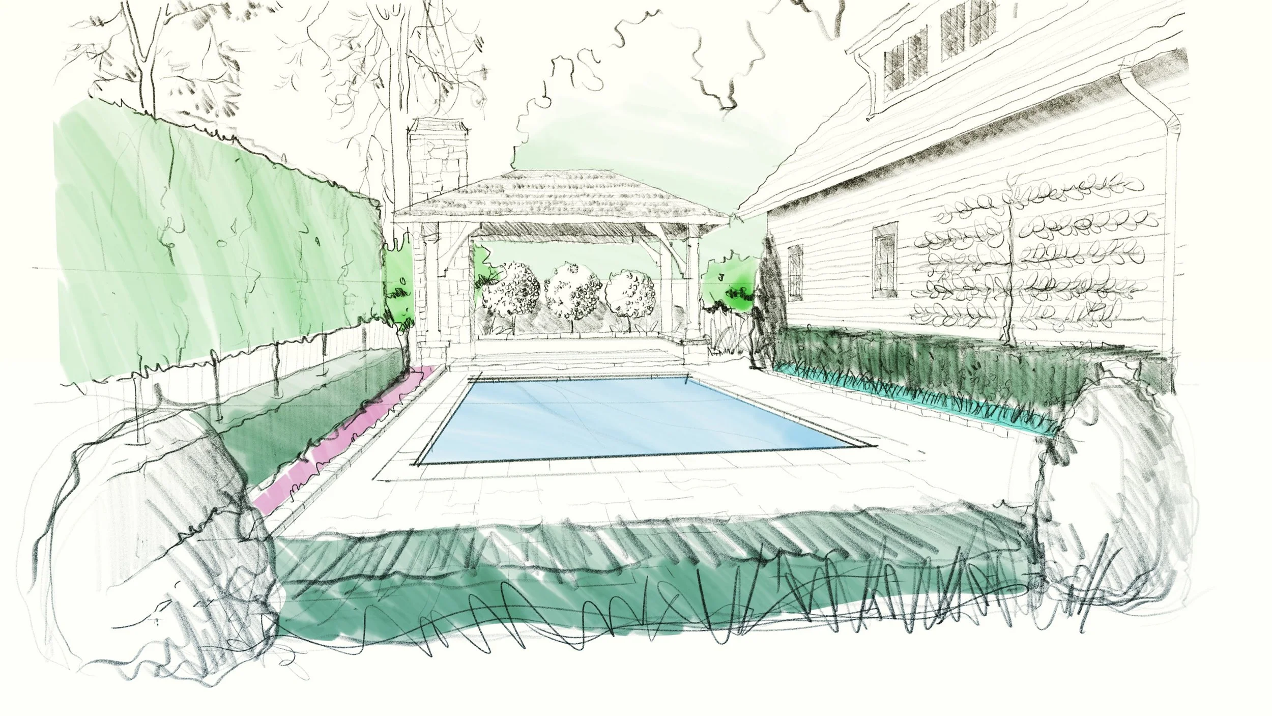 At ST we think often consider gardens as an extension of the indoor spaces -- literally creating outdoor rooms for our clients. On this Belmont-Hillsboro project we are working in a confined space and we use it to our advantage using hedging and wate