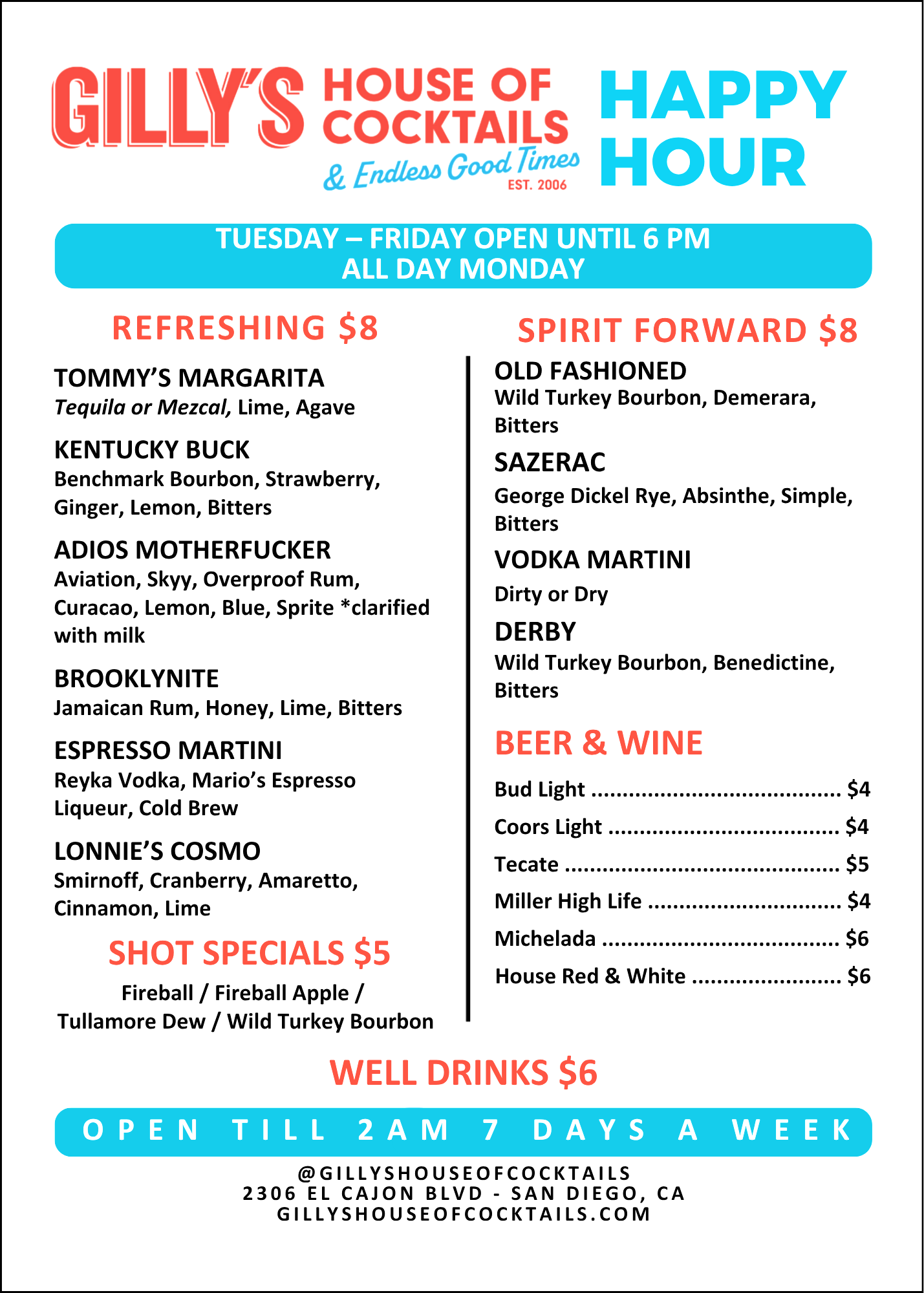 Menus — Gilly’s House of Cocktails