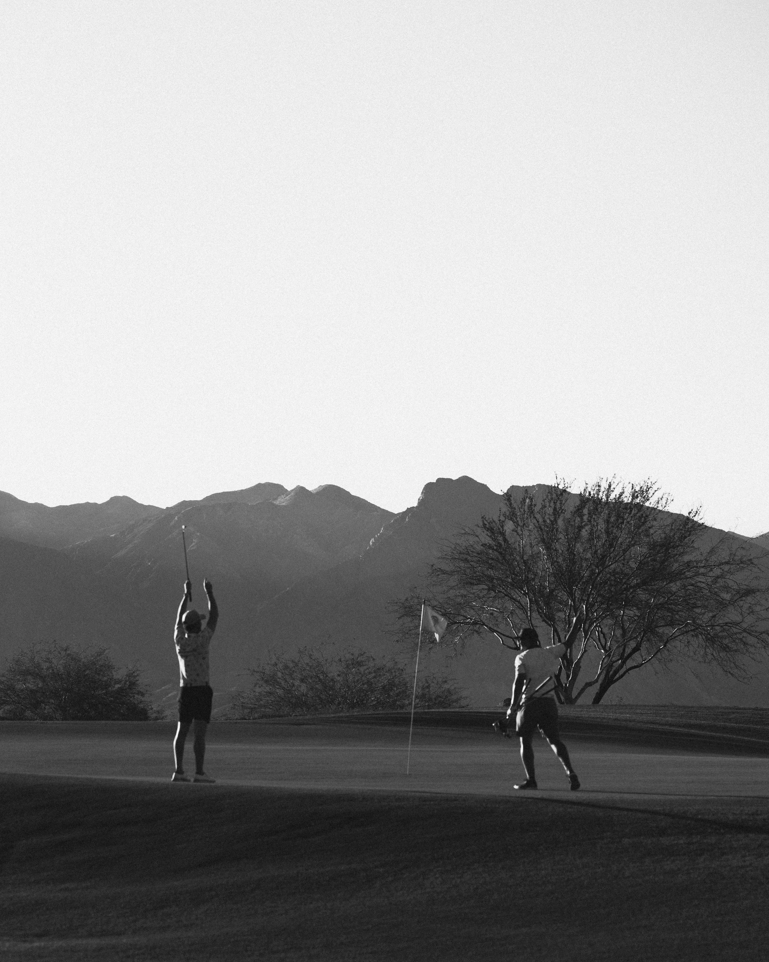 Two golfers on a golf course, one taking a shot and the other holding a golf club, with mountains in the background and a tree near the green.