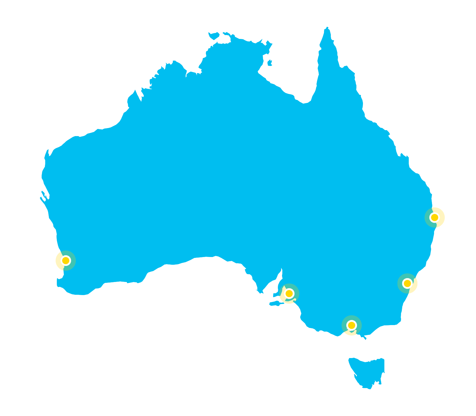 Map of Australia showing HAD Football coaching locations in Melbourne, Adelaide, Perth and the Gold Coast