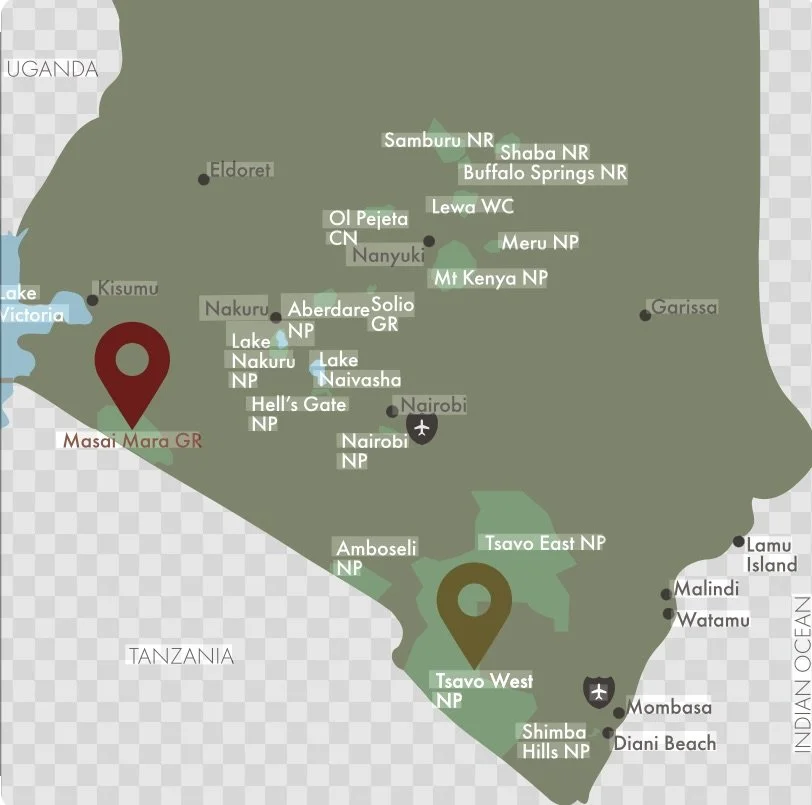 Map of Kenya highlighting Tsavo West, Amboseli and Mara