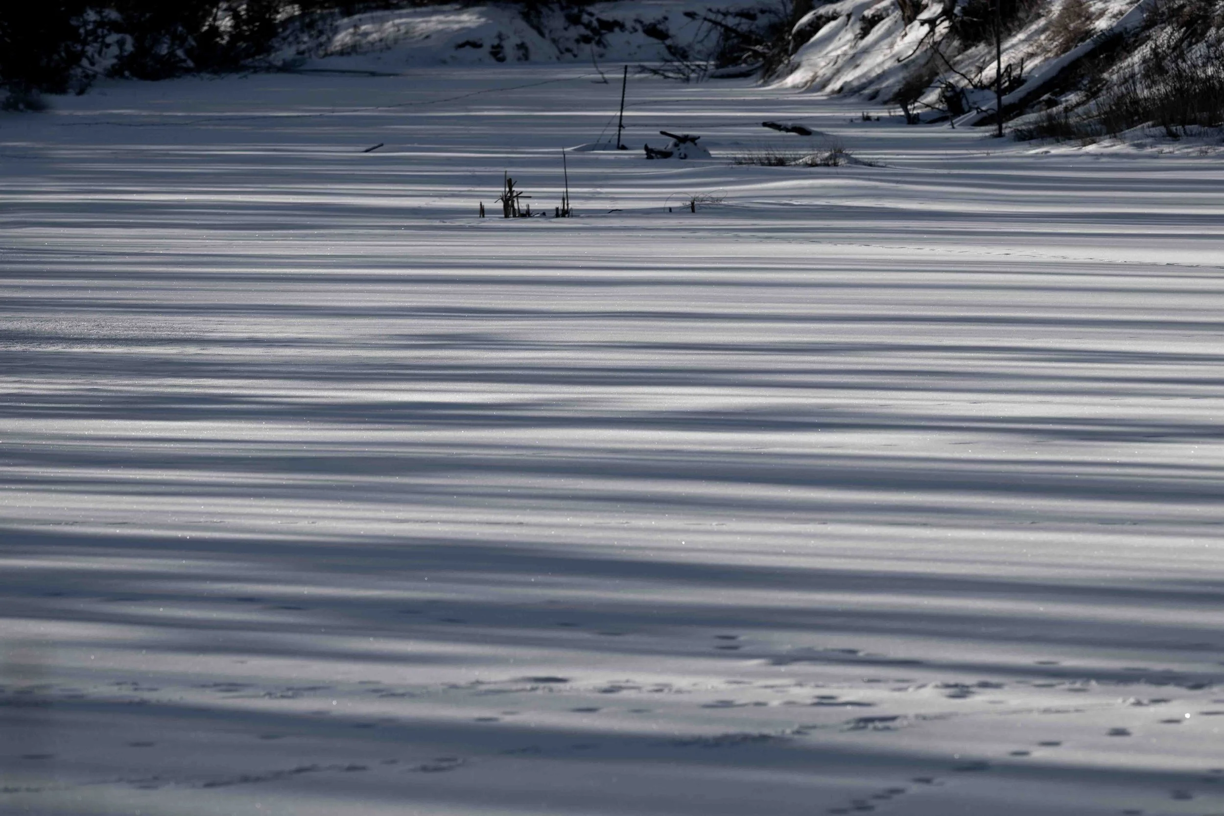 shadow patterns on the river snow in late afternoon