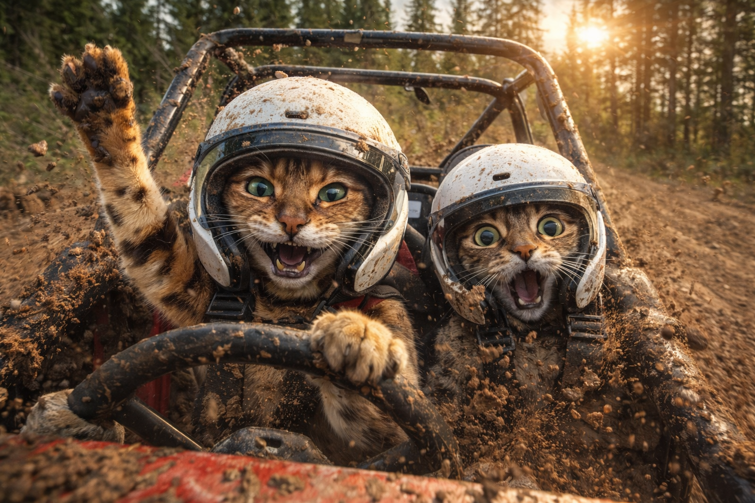 Chat GPT image of Roxy the bengal cat in a dune buggy with lots of mud flying