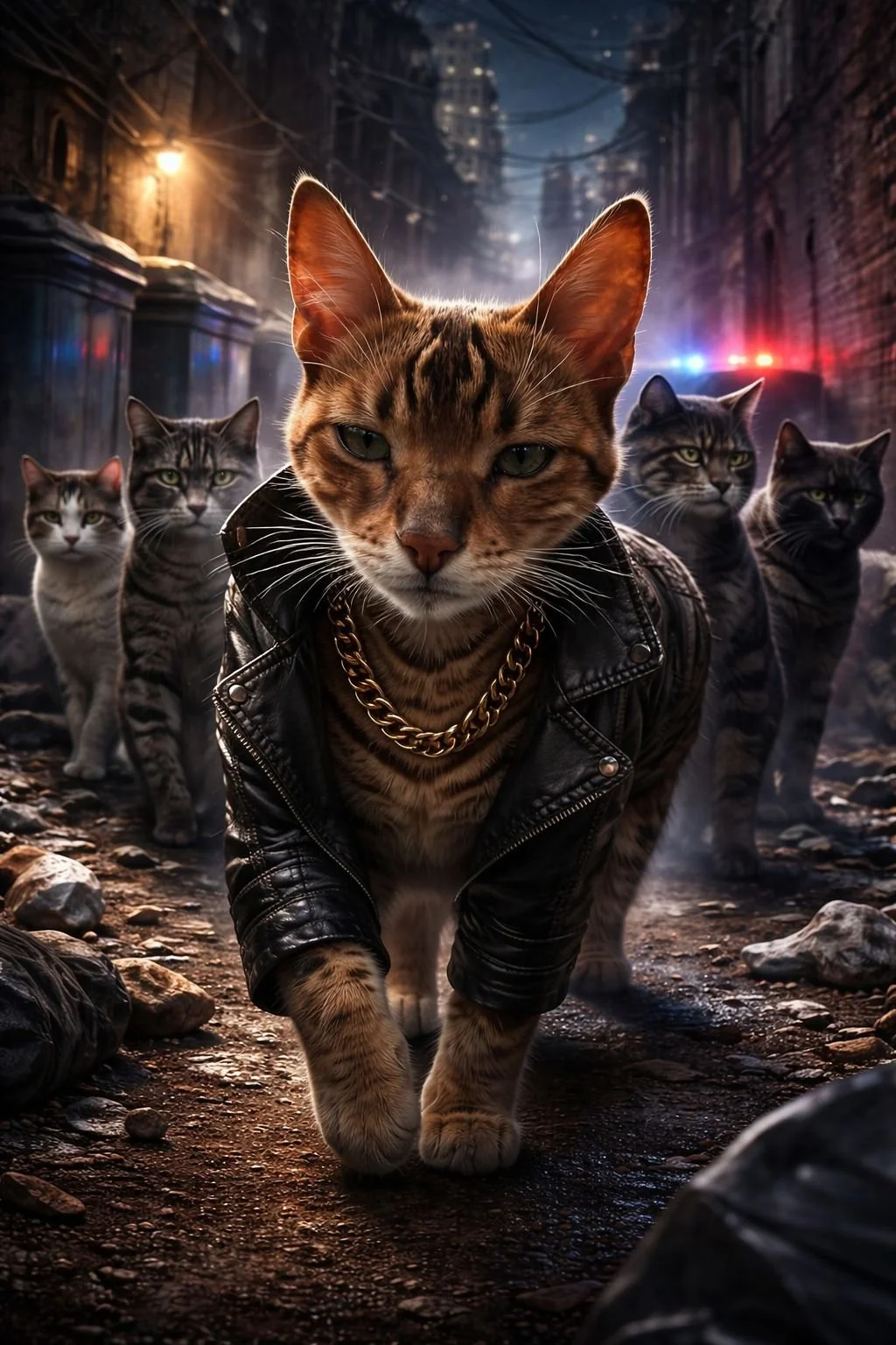 AI generated image of our cat Roxy dressed up in black leather and chains strutting down the alley with a gang of cats