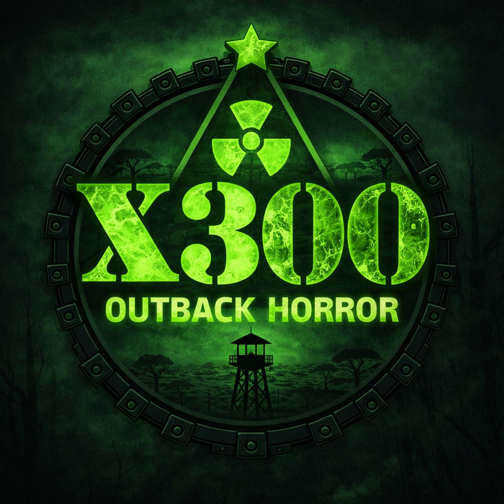 Green and black logo with a radioactive symbol, a star, and the text 'X300 OUTBACK HORROR,' featuring a wilderness scene with trees and a watchtower in the background.