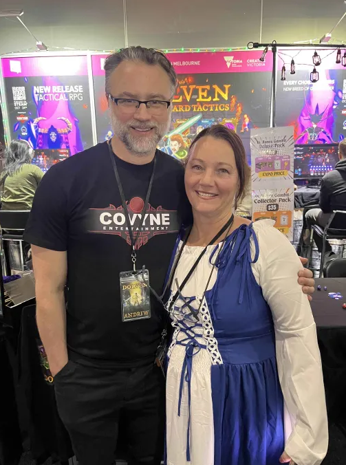 Andrew and Brionne Naish at Pax 2025 for the release of Dolven.