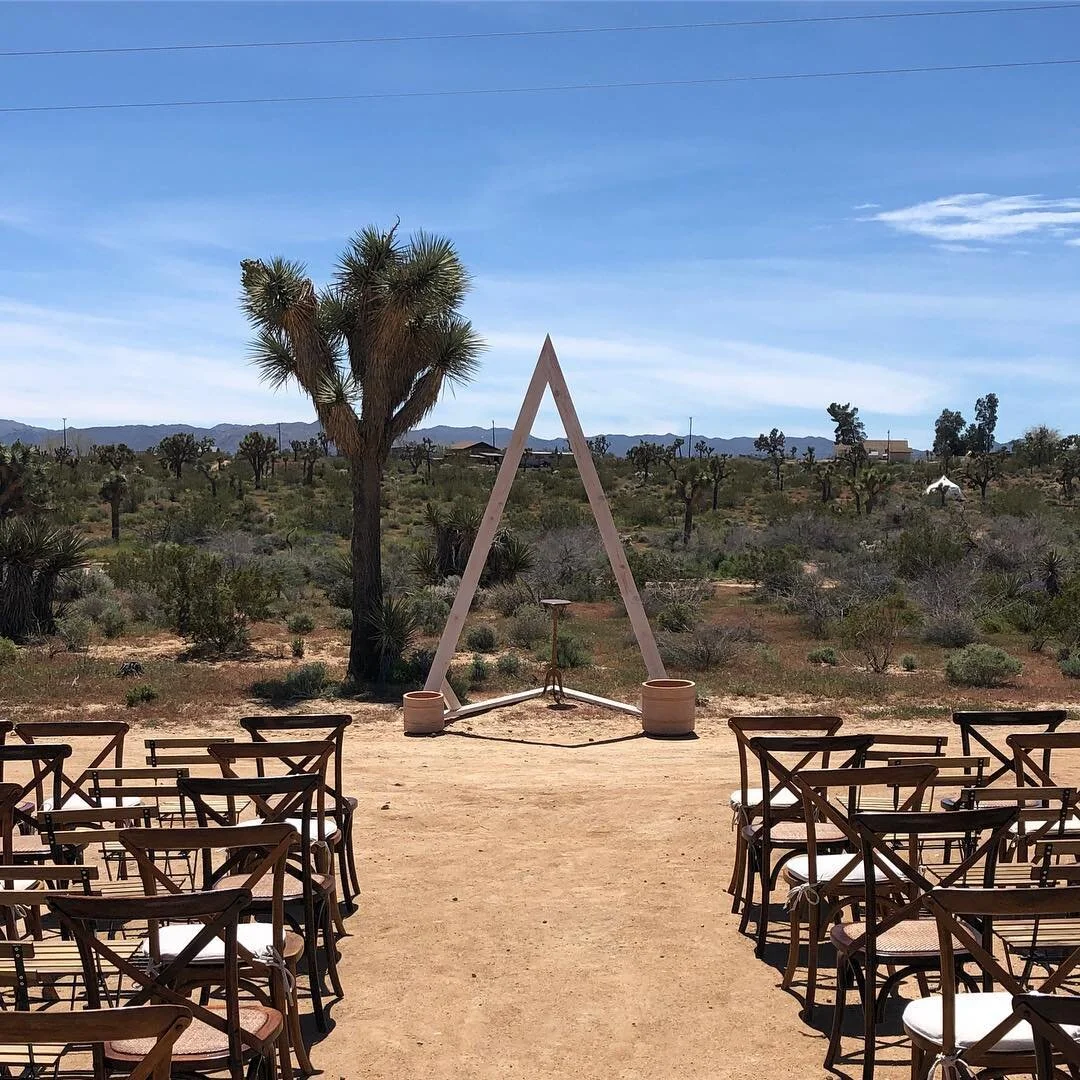 Stained wood geometric altar built for Joshua Tree wedding