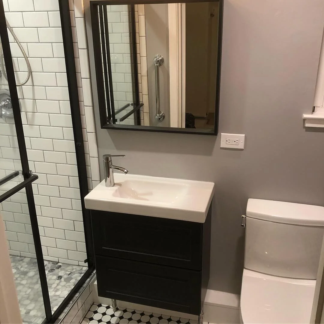 Small bathroom remodel with new vanity, tile shower, tile floor and fixtures