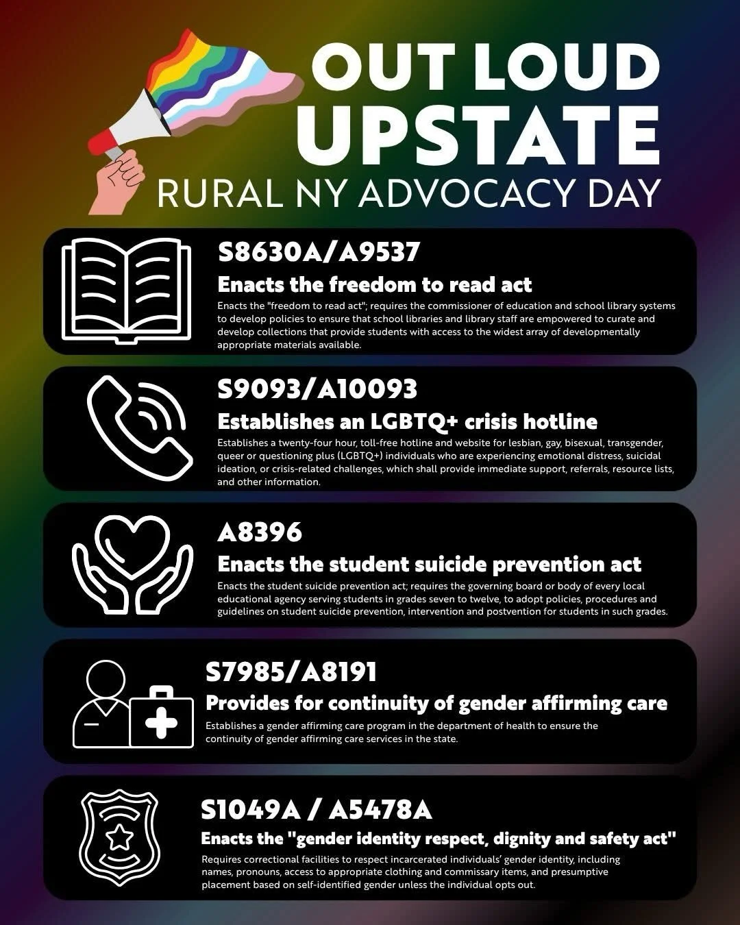 Community - Join us and our friends at @loweradkpride for Out Loud Upstate: Rural NY Advocacy Day on Monday, April 27, 2026, from 9am - 4pm at the Empire State Plaza! 

We will gather in Albany to meet with local legislators and make our voices heard