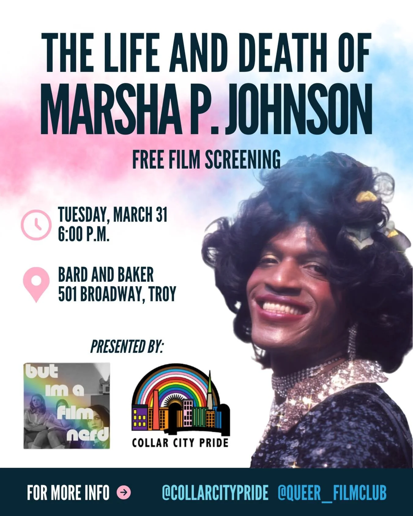 Join us and @queer_filmclub for Trans Day of Visibility on Tuesday, March 31st

Chances are you know the incomparable Marsha P. Johnson, the mother of the modern queer rights movement. Come watch as this film goes through Marsha&rsquo;s life, and unt