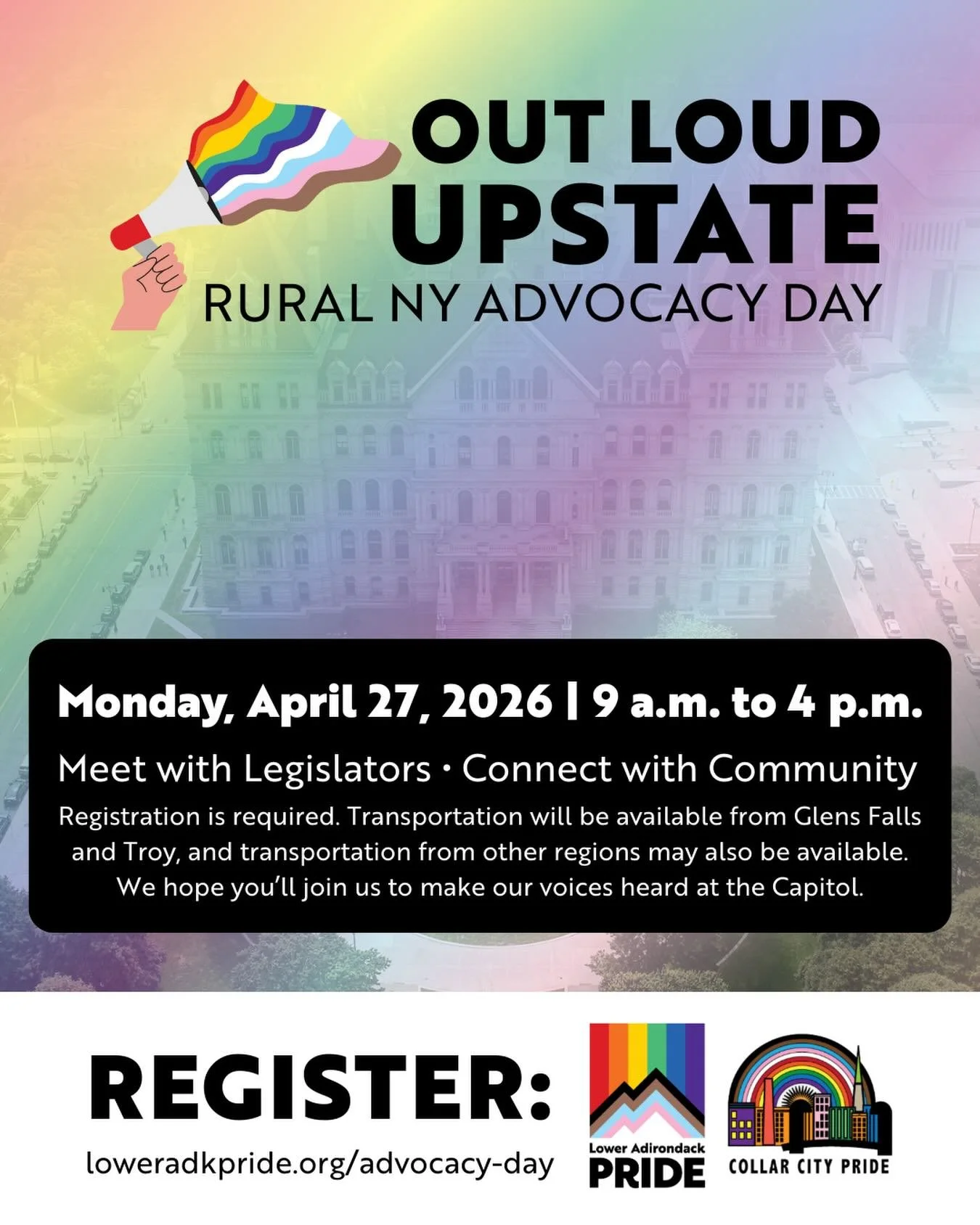 Community - Join us and our friends at @loweradkpride for Out Loud Upstate: Rural NY Advocacy Day on Monday, April 27, 2026, from 9am - 4pm at the Empire State Plaza! 

We will gather in Albany to meet with local legislators and make our voices heard