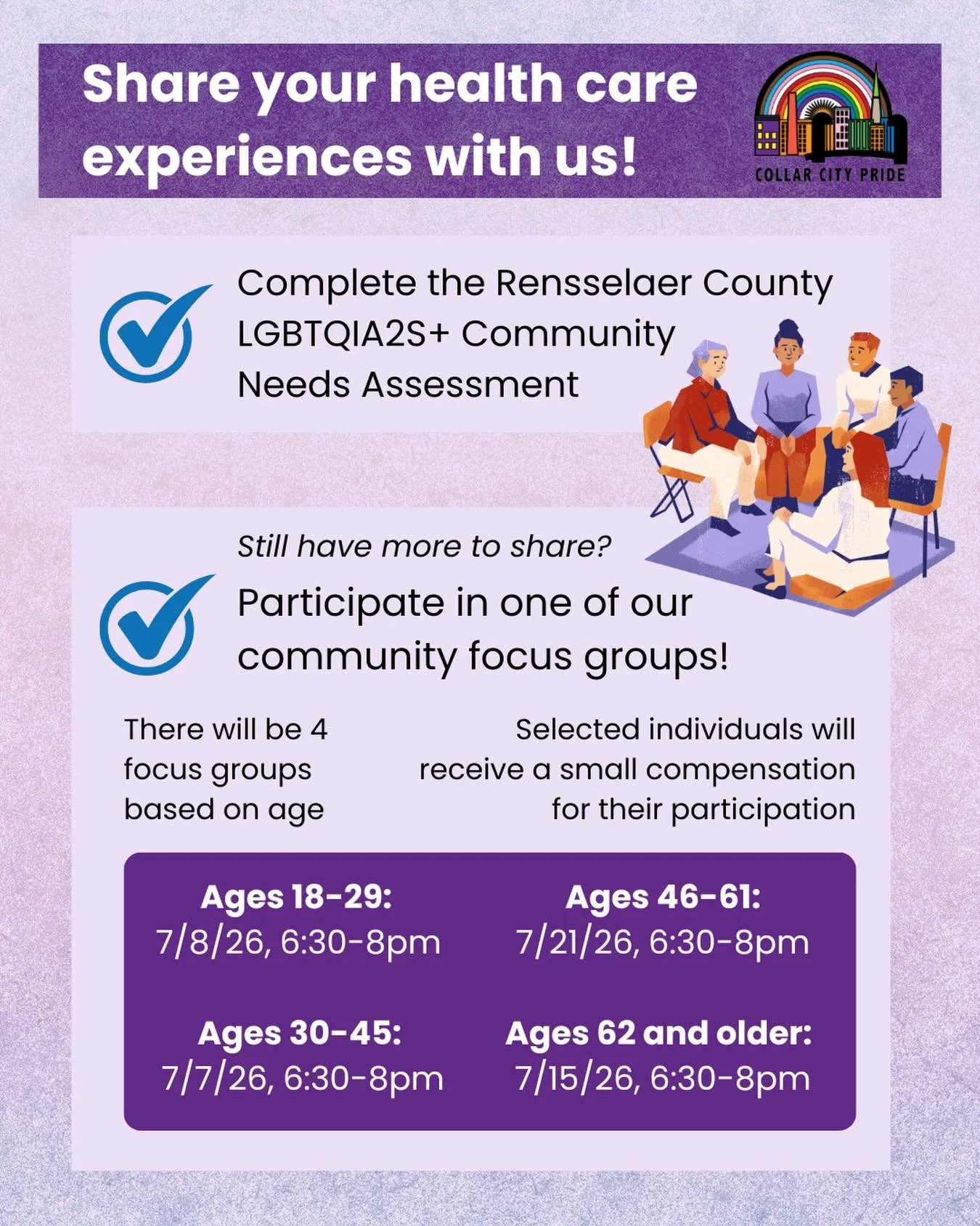 Collar City Pride is conducting the Rensselaer County LGBTQIA2S+ Community Needs Assessment to identify barriers to and gaps in health care services for LGBTQIA2S+ people. 

This is being done through a public survey, open to all LGBTQIA2S+ residents