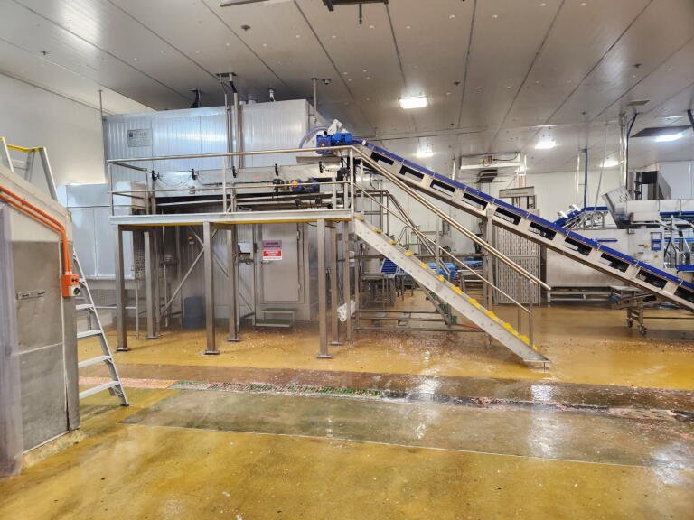 Industrial equipment and conveyor belts in a factory or processing plant.