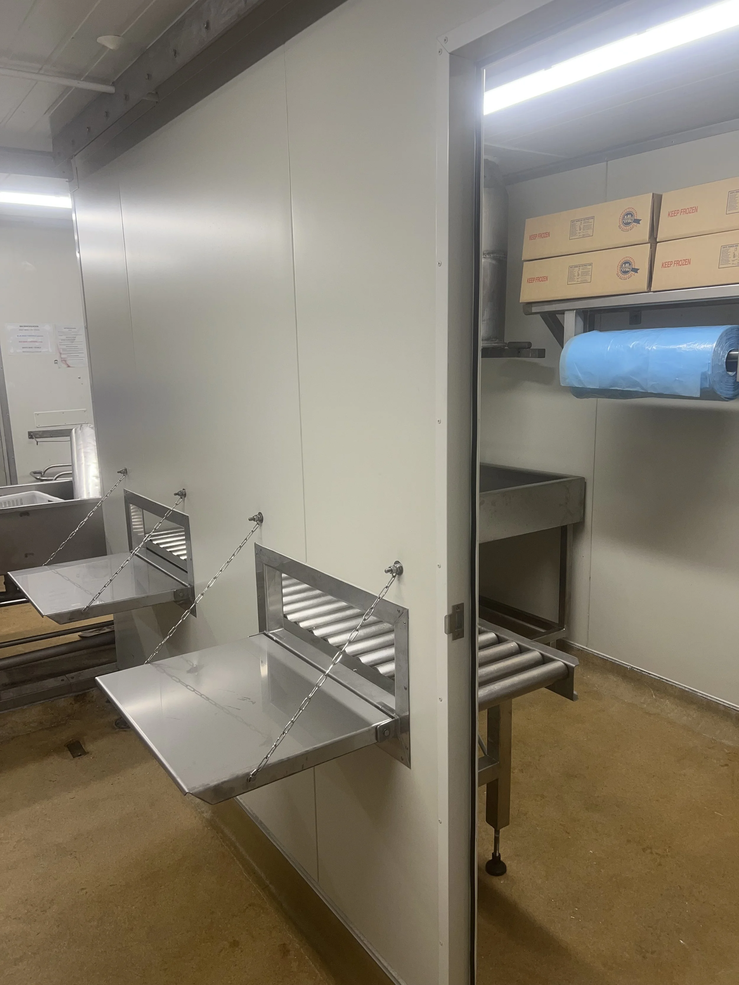 A small cold storage room or walk-in freezer with shelves holding frozen food boxes and a blue plastic bag, and a wall with two metal pull-out trays.