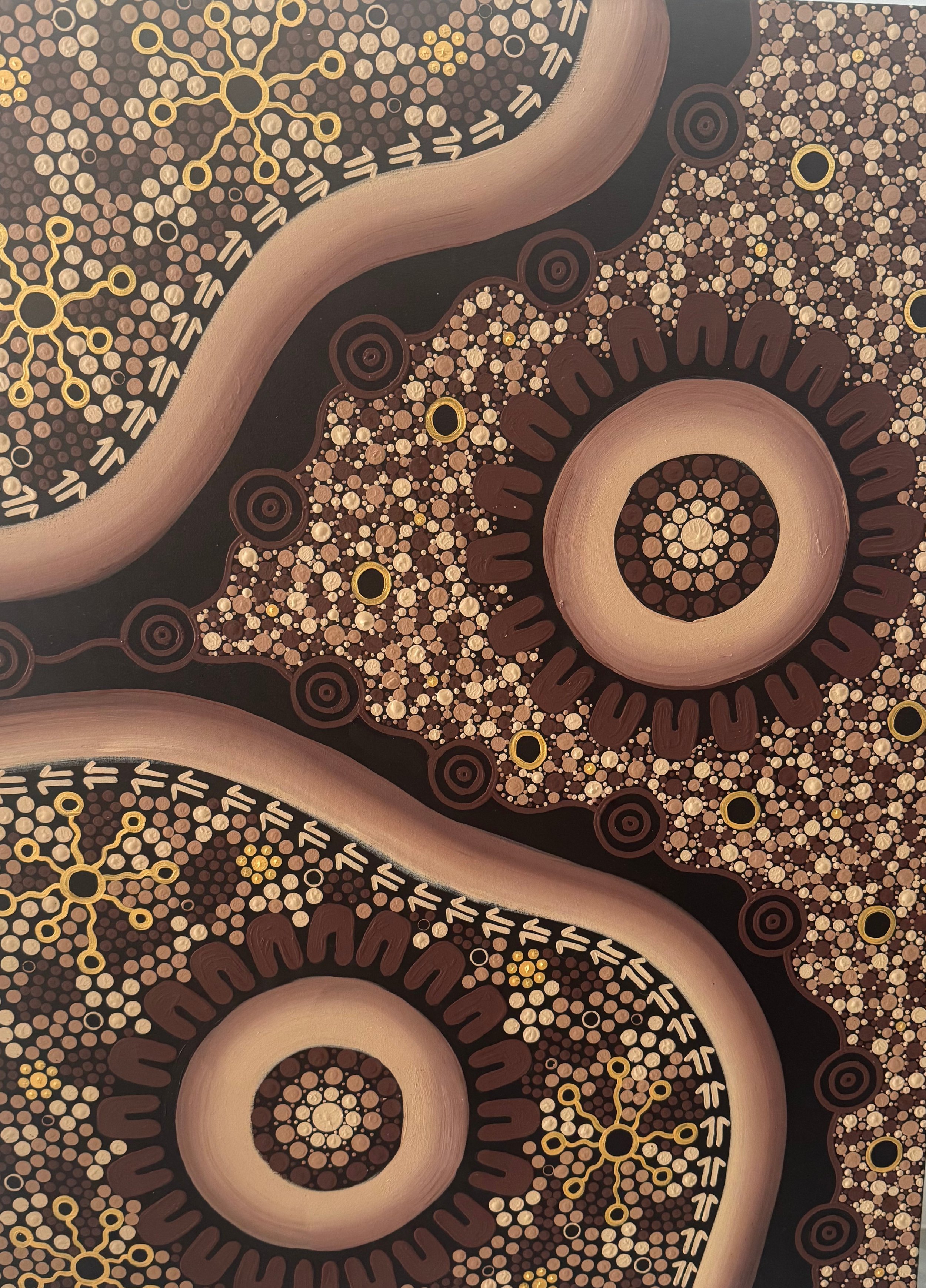 Abstract indigenous style dot painting with concentric circles, geometric patterns, and earthy tones of brown, pink, and yellow.