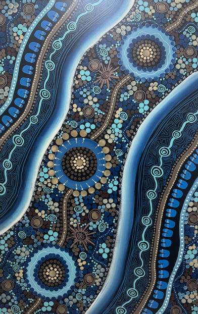 Abstract painting featuring blue, black, and beige dots and patterns with flowing lines and circular motifs.