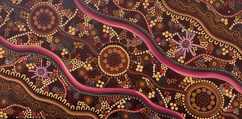Indigenous Australian Aboriginal dot painting with concentric circles, wavy lines, and starburst patterns in earth tones and pink accents.