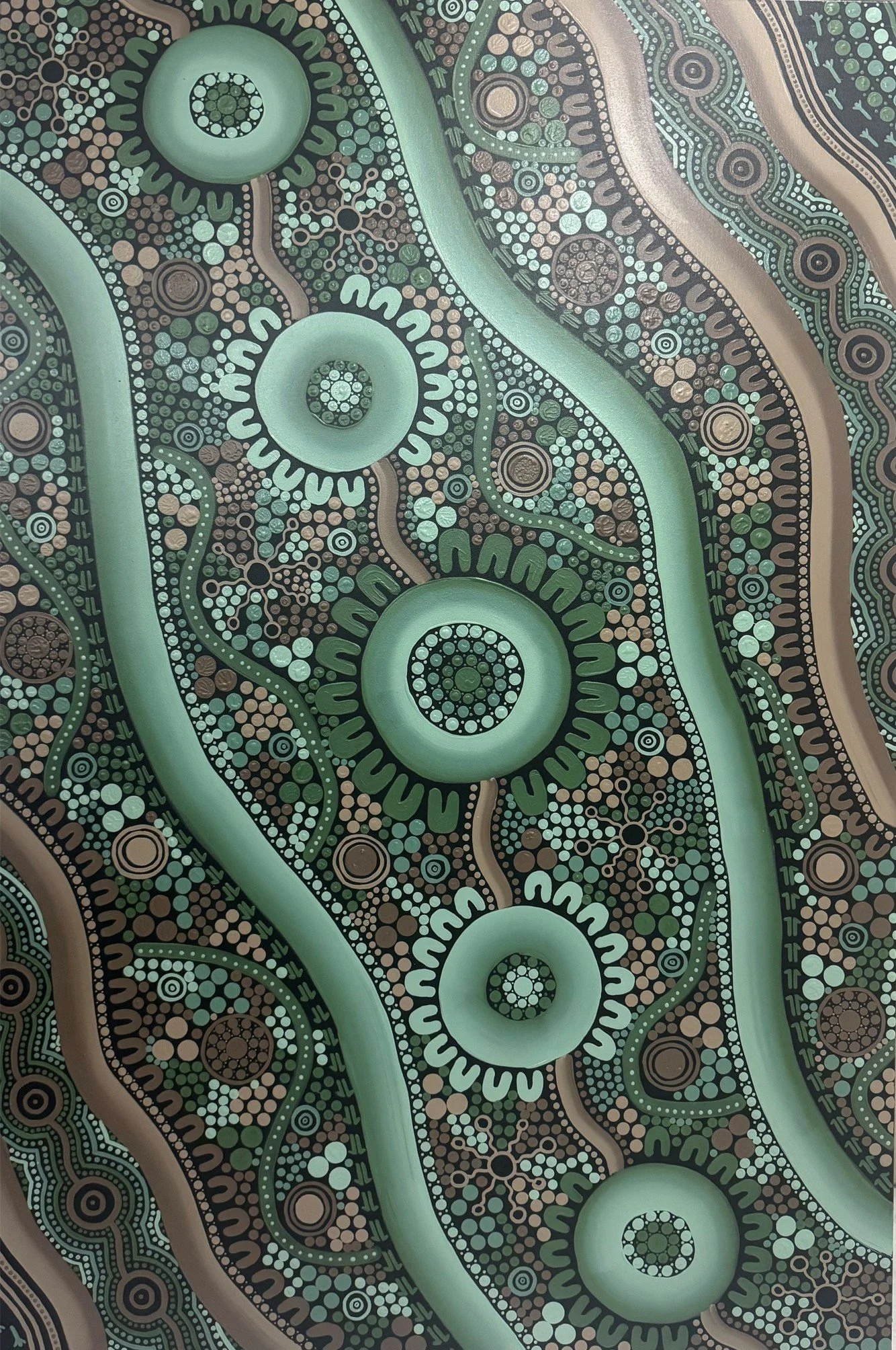 Abstract Indigenous Australian dot painting featuring concentric circles, wavy lines, and intricate patterns in shades of green, black, and beige.
