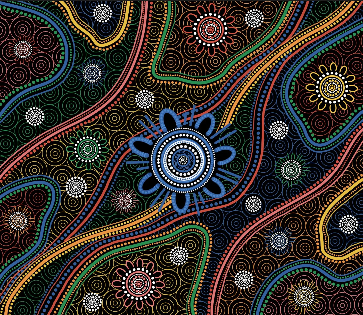 Colorful abstract pattern with concentric circles and floral motifs in blue, red, green, yellow, and white on a black background.