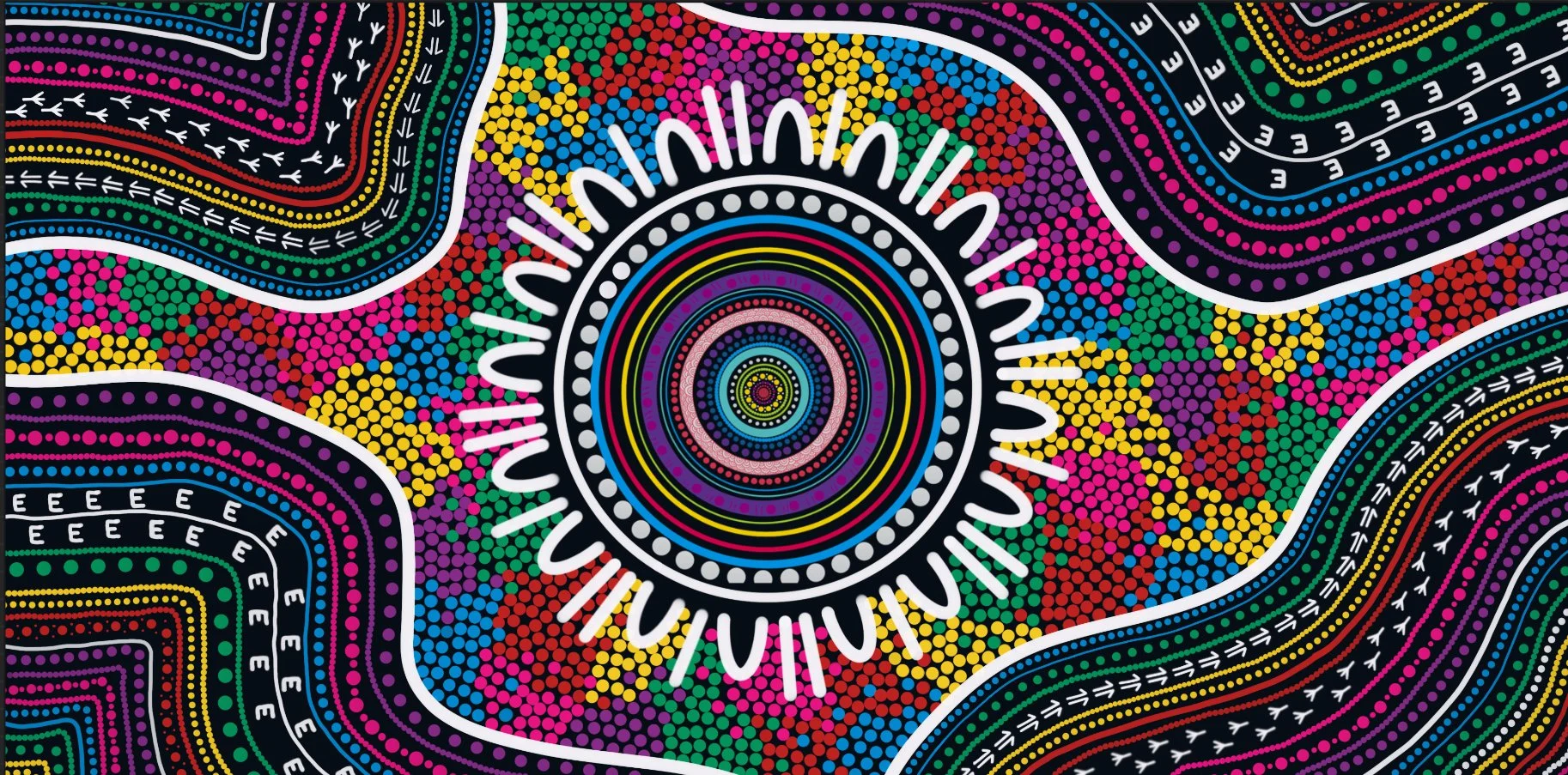 A vibrant, colorful dot painting with concentric circles and swirling patterns in neon colors, featuring white dotted lines and arrows, creating a dynamic, psychedelic design.