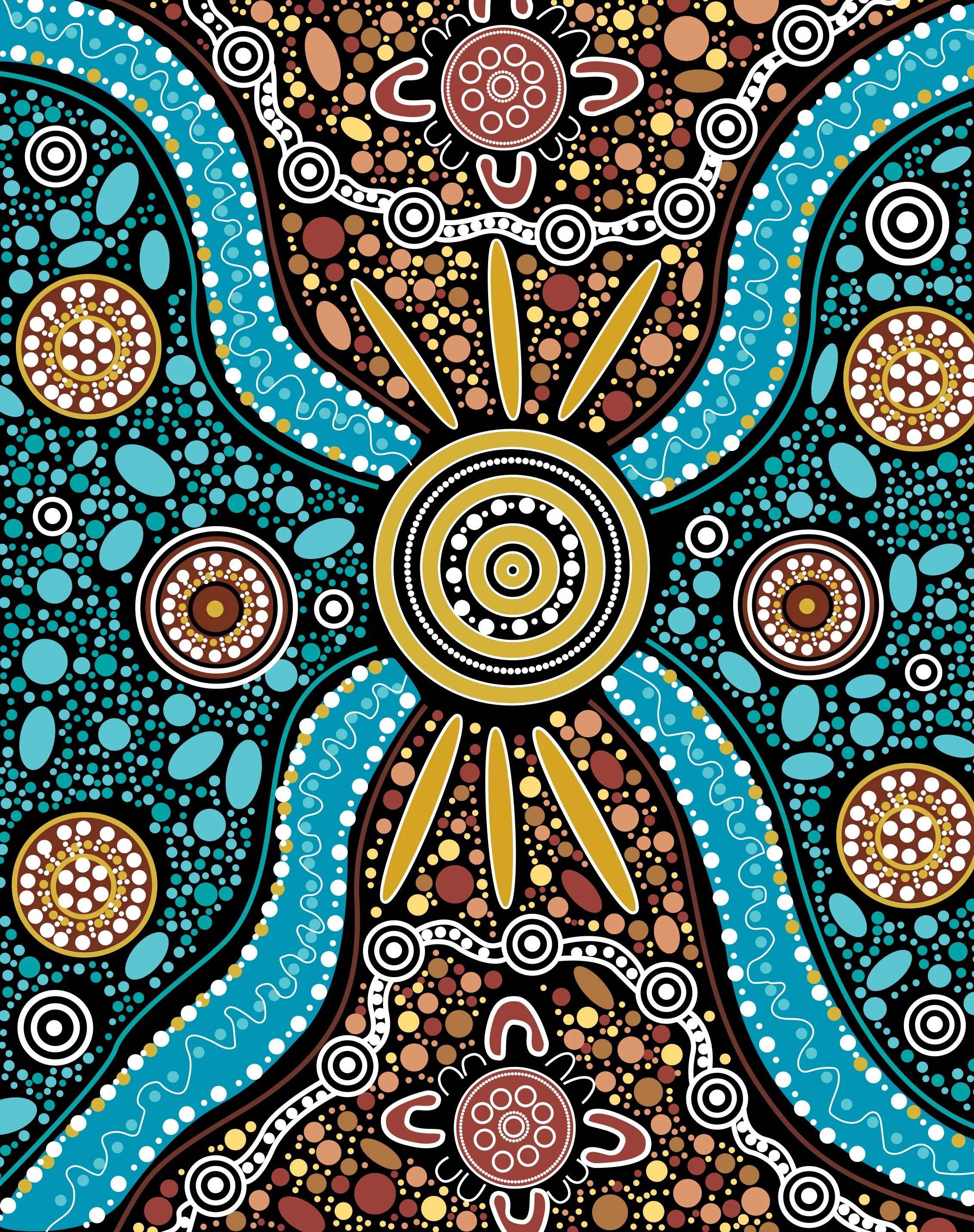Indigenous Australian Aboriginal dot painting artwork with concentric circles, wavy lines, and decorative patterns in red, yellow, white, black, blue, and brown colors.