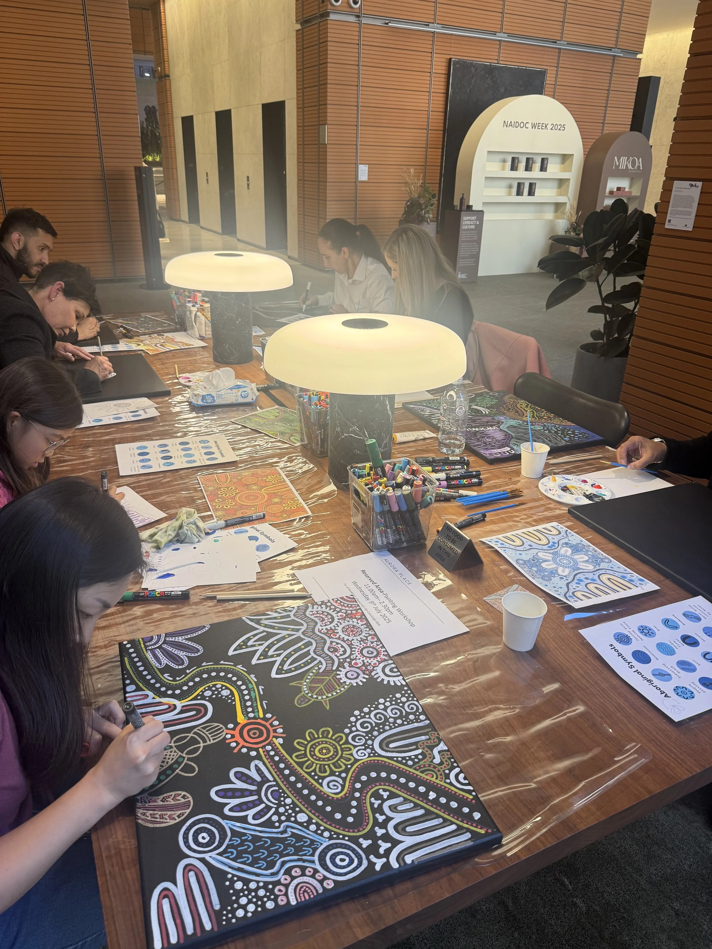 People sitting around a large wooden table participating in an art activity, drawing and coloring on canvases with colorful patterns, with art supplies like markers and printed guides.
