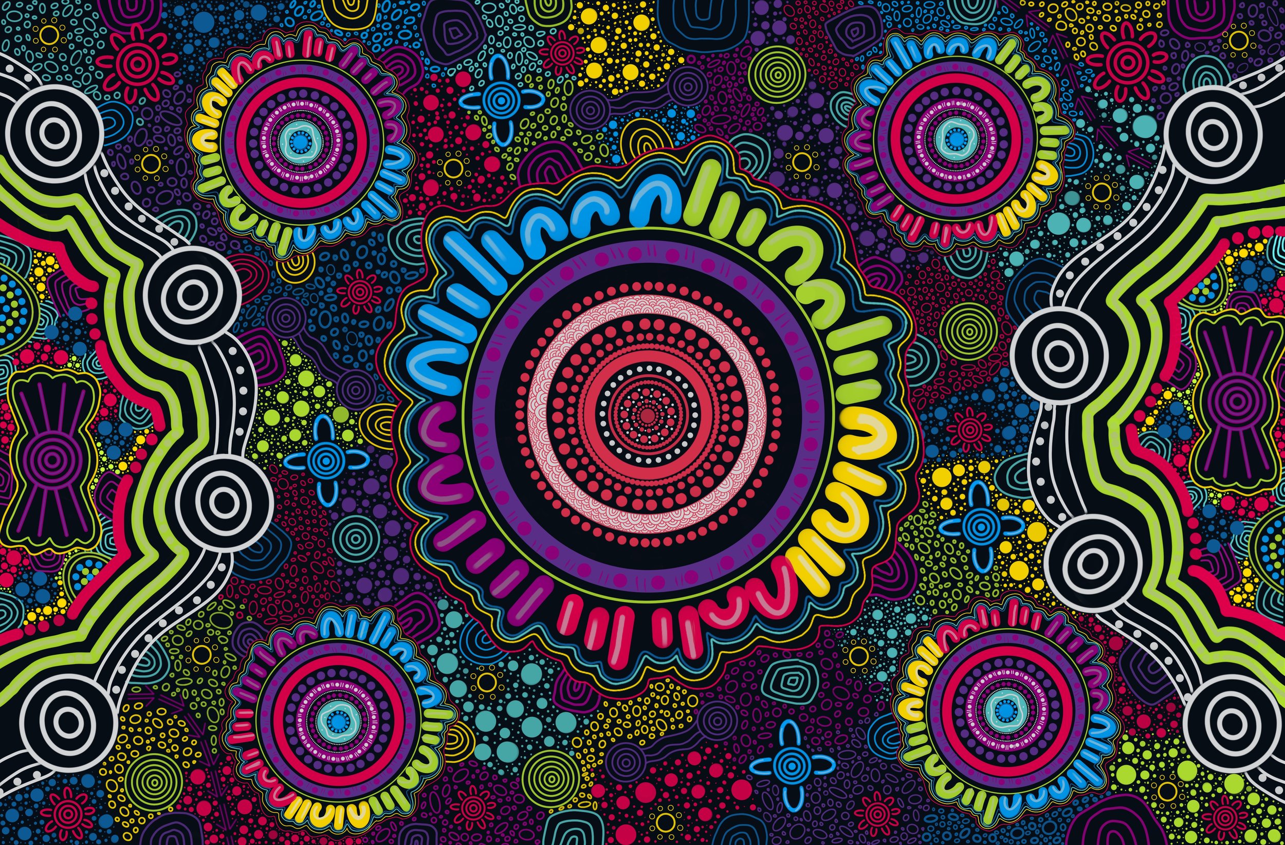 Colorful, intricate abstract pattern with concentric circles, wavy lines, and geometric shapes in bright pink, blue, green, yellow, purple, and white on a black background.
