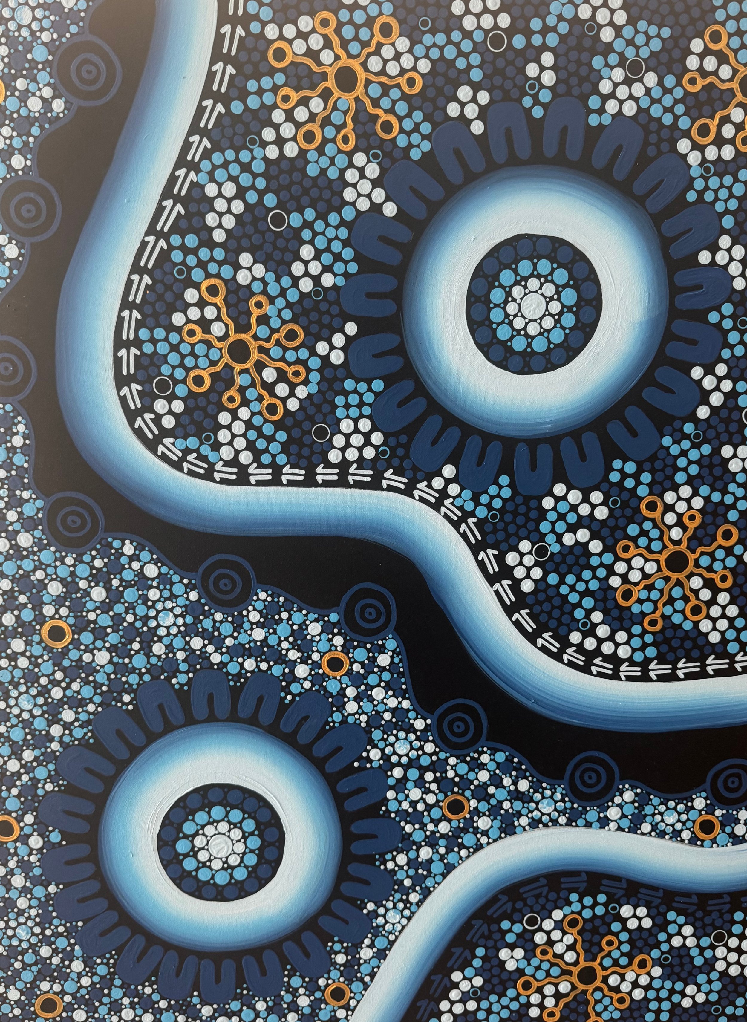 A detailed abstract painting with circular patterns, blue, black, white, and orange colors, resembling molecular or cellular structures.